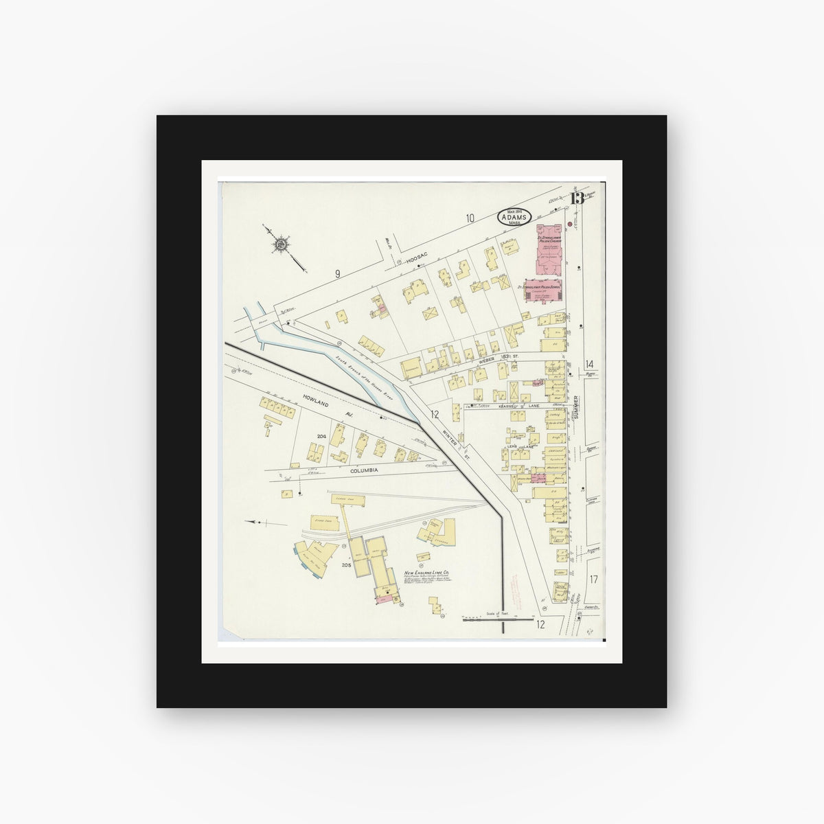 Old map wall art mockup — black gallery frame with white mat — Sanborn Fire Insurance Map from Adams, Berkshire County, Massachusetts (1914), Sheet #0013