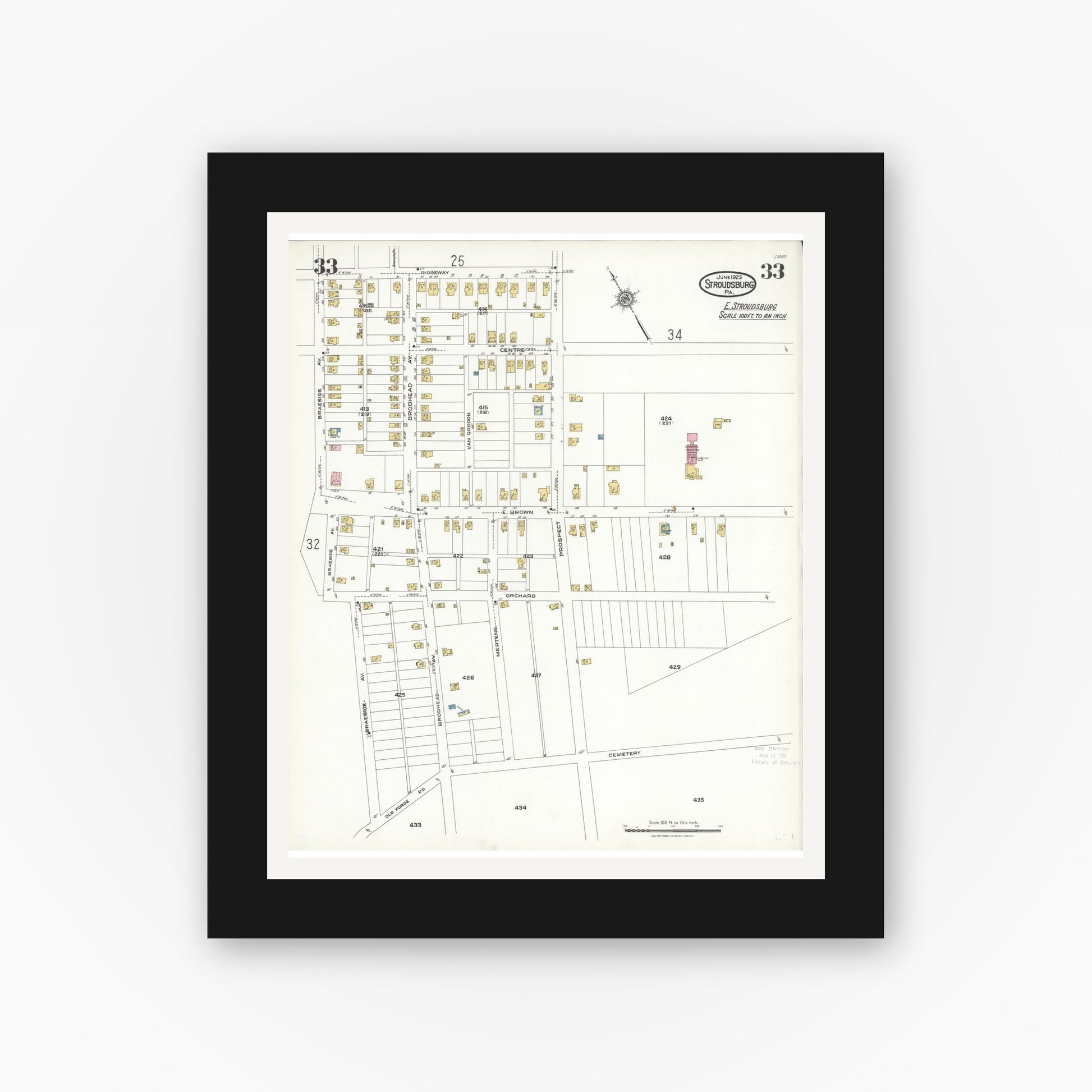 Old map wall art mockup — black gallery frame with white mat — Sanborn Fire Insurance Map from Stroudsburg, Monroe County, Pennsylvania (1923), Sheet #0033