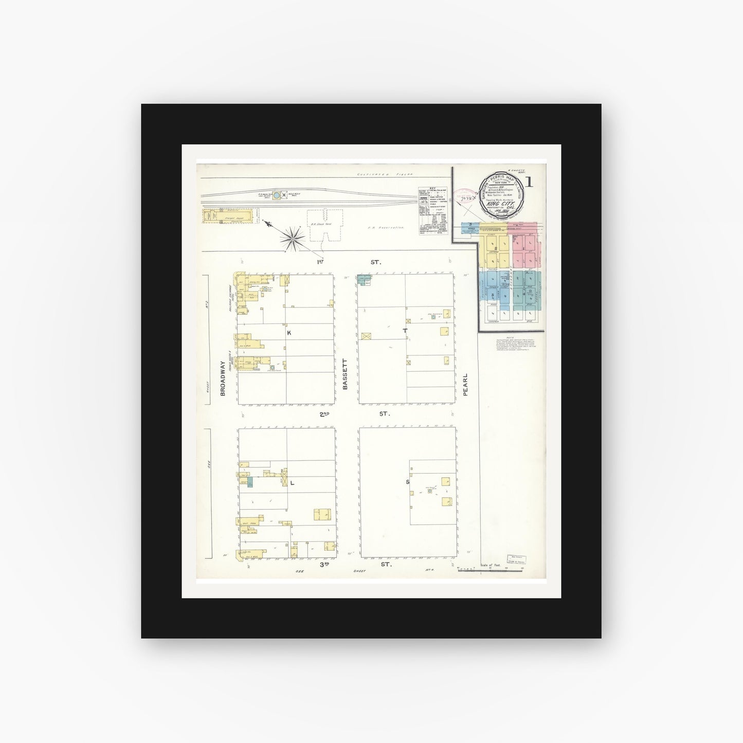 Old map wall art mockup — black gallery frame with white mat — Sanborn Fire Insurance Map from King City, Monterey County, California (1892) - Complete Map Set
