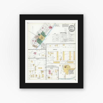 Old map wall art mockup — black gallery frame with white mat — Sanborn Fire Insurance Map from Mound City, Pulaski County, Illinois (1900), Sheet #0001