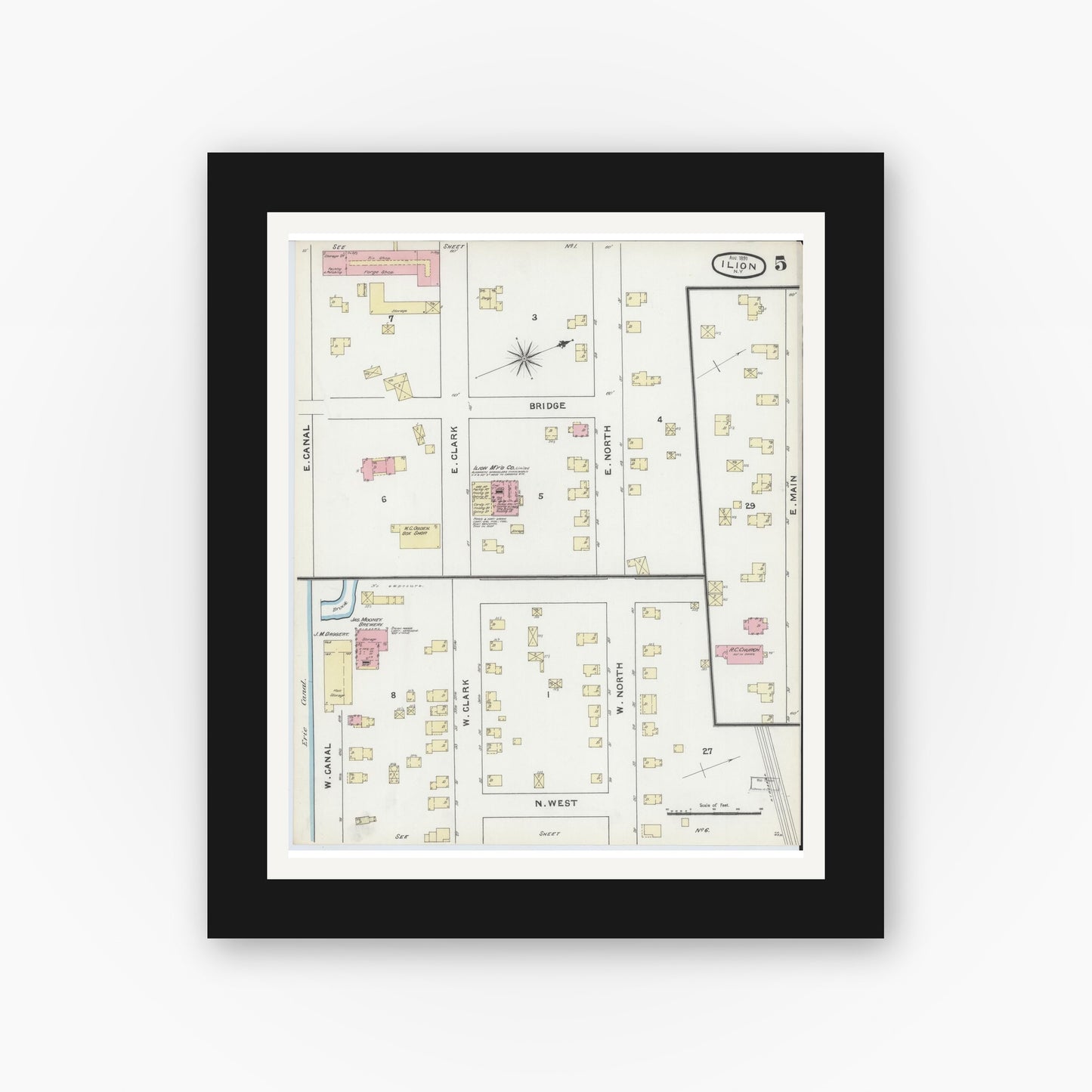 Old map wall art mockup — black gallery frame with white mat — Sanborn Fire Insurance Map from Ilion, Herkimer County, New York (1891), Sheet #0005