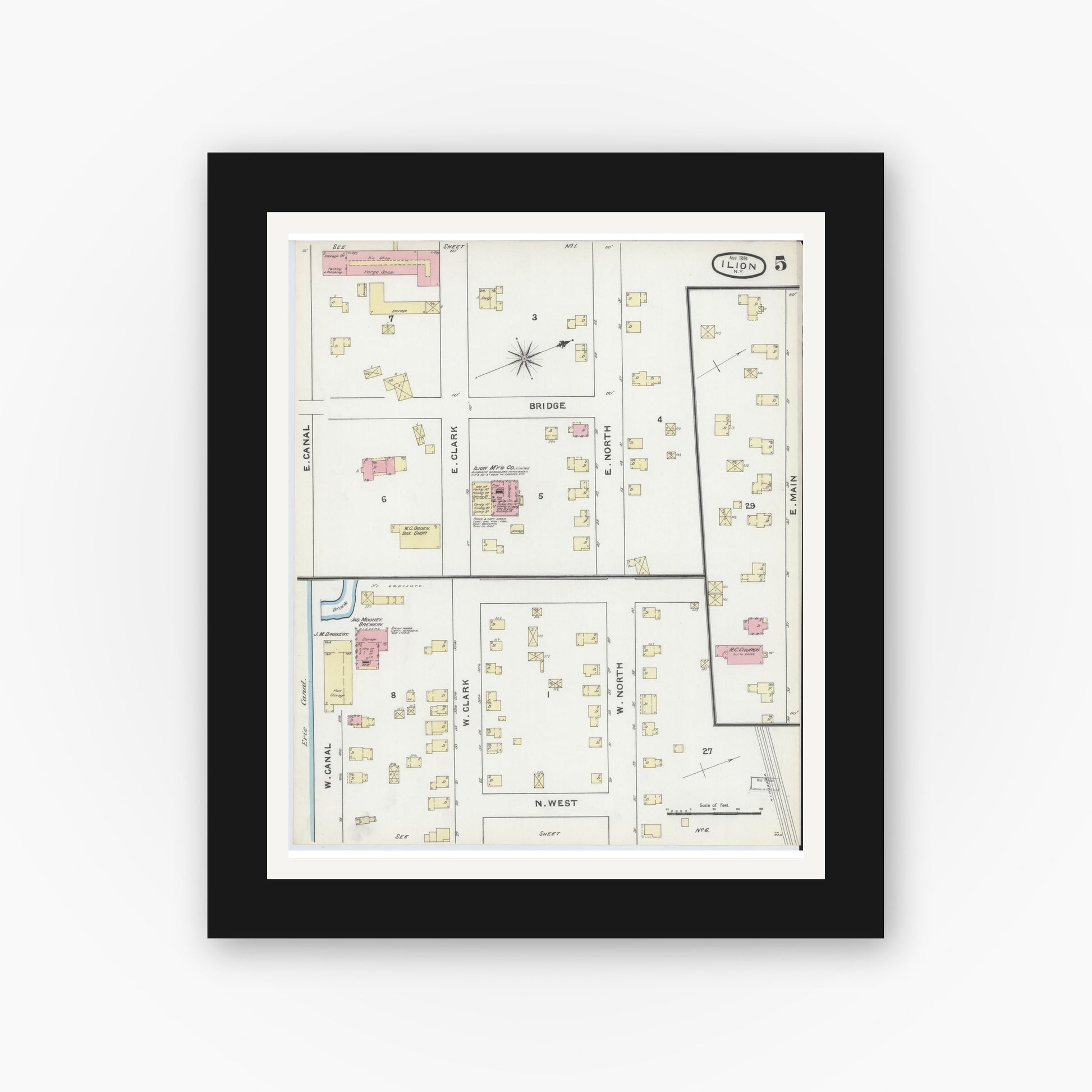 Old map wall art mockup — black gallery frame with white mat — Sanborn Fire Insurance Map from Ilion, Herkimer County, New York (1891), Sheet #0005