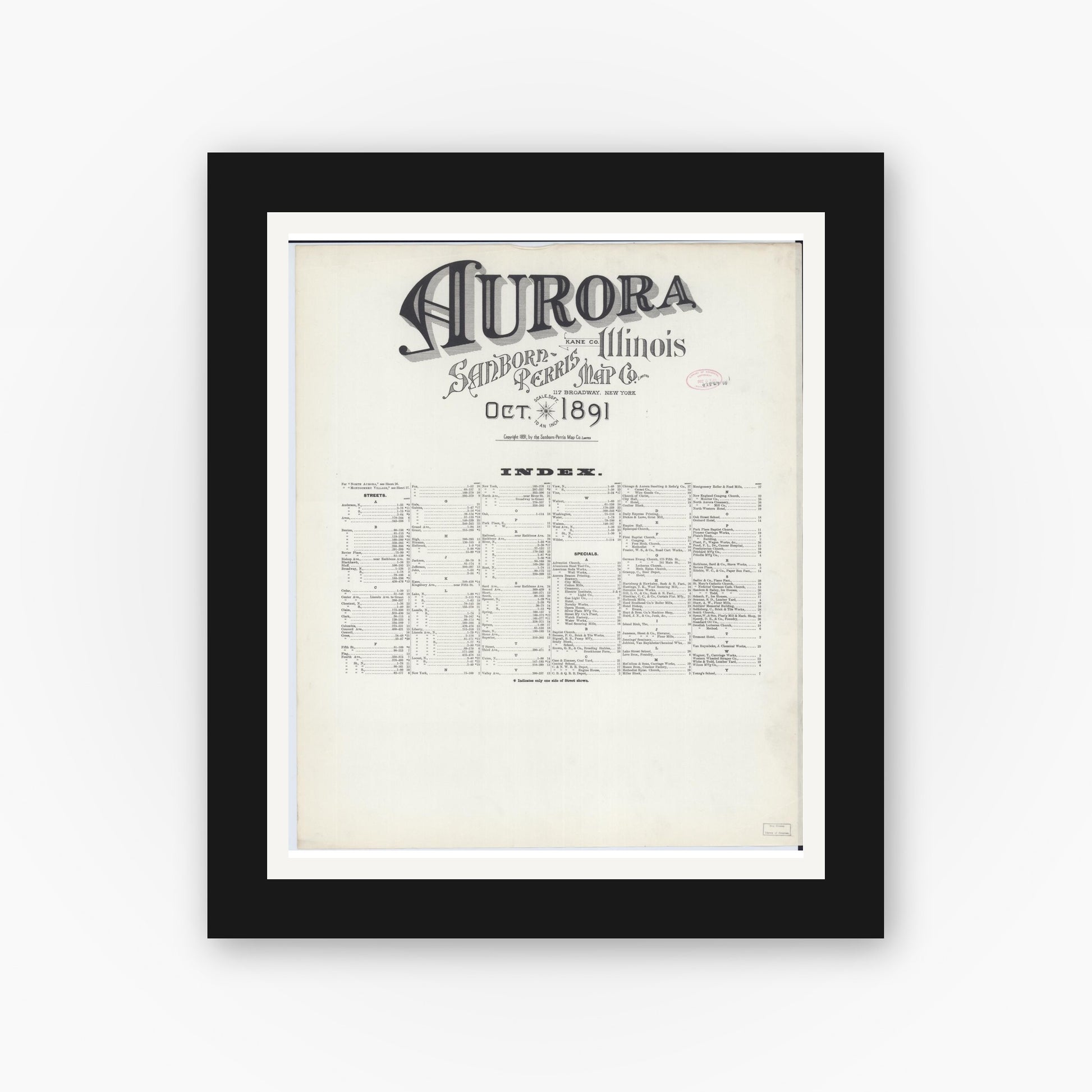 Old map wall art mockup — black gallery frame with white mat — Sanborn Fire Insurance Map from Aurora, Kane County, Illinois (1891), Sheet #0001
