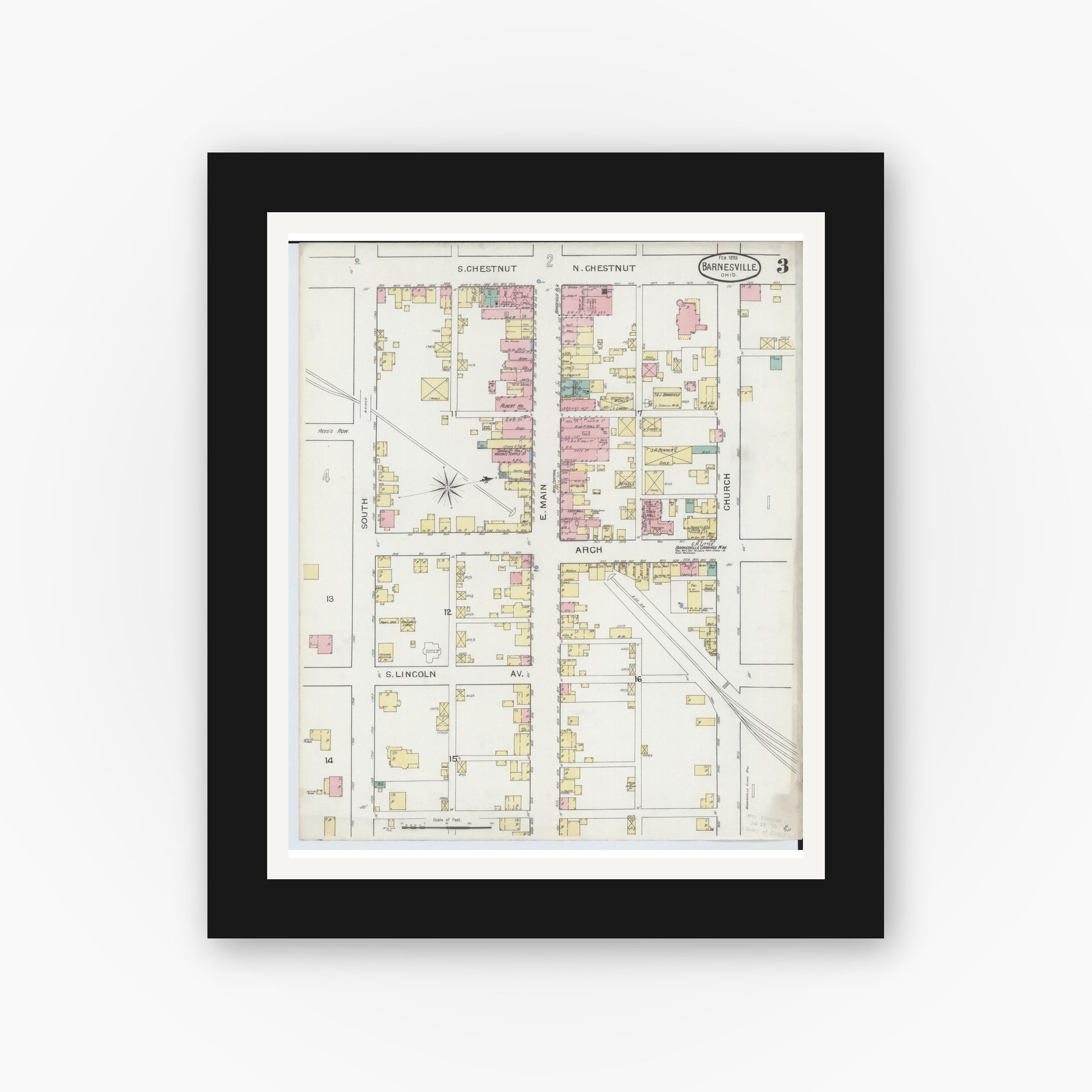 Old map wall art mockup — black gallery frame with white mat — Sanborn Fire Insurance Map from Barnesville, Belmont County, Ohio (1893), Sheet #0003