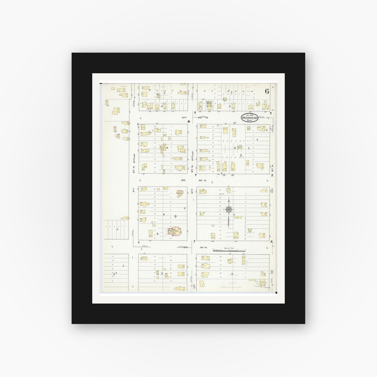 Old map wall art mockup — black gallery frame with white mat — Sanborn Fire Insurance Map from Moorhead, Clay County, Minnesota (1914), Sheet #0006