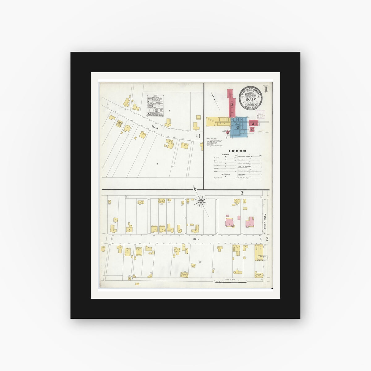 Old map wall art mockup — black gallery frame with white mat — Sanborn Fire Insurance Map from Wise, Wise County, Virginia (1908) - Complete Map Set