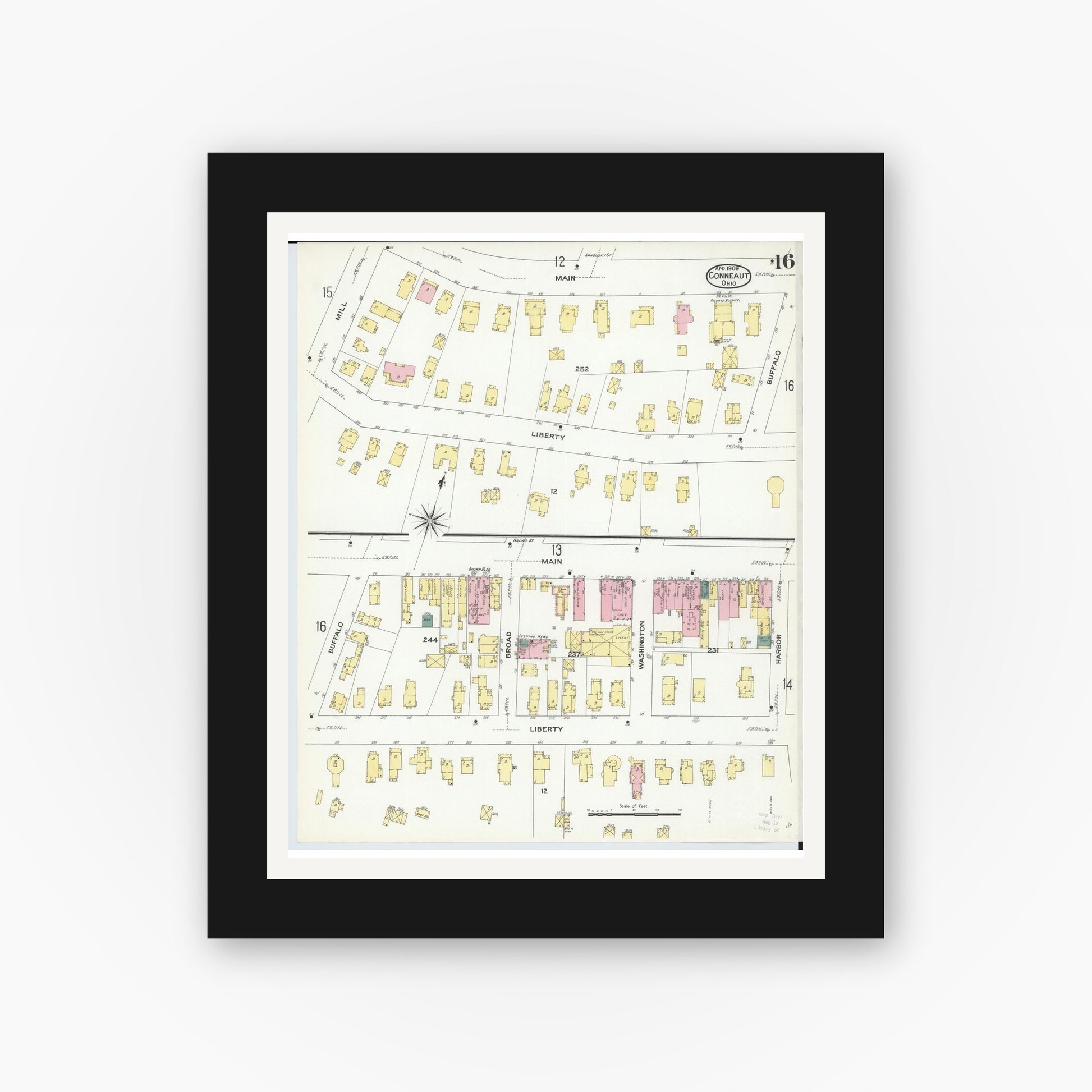 Old map wall art mockup — black gallery frame with white mat — Sanborn Fire Insurance Map from Conneaut, Ashtabula County, Ohio (1909), Sheet #0016