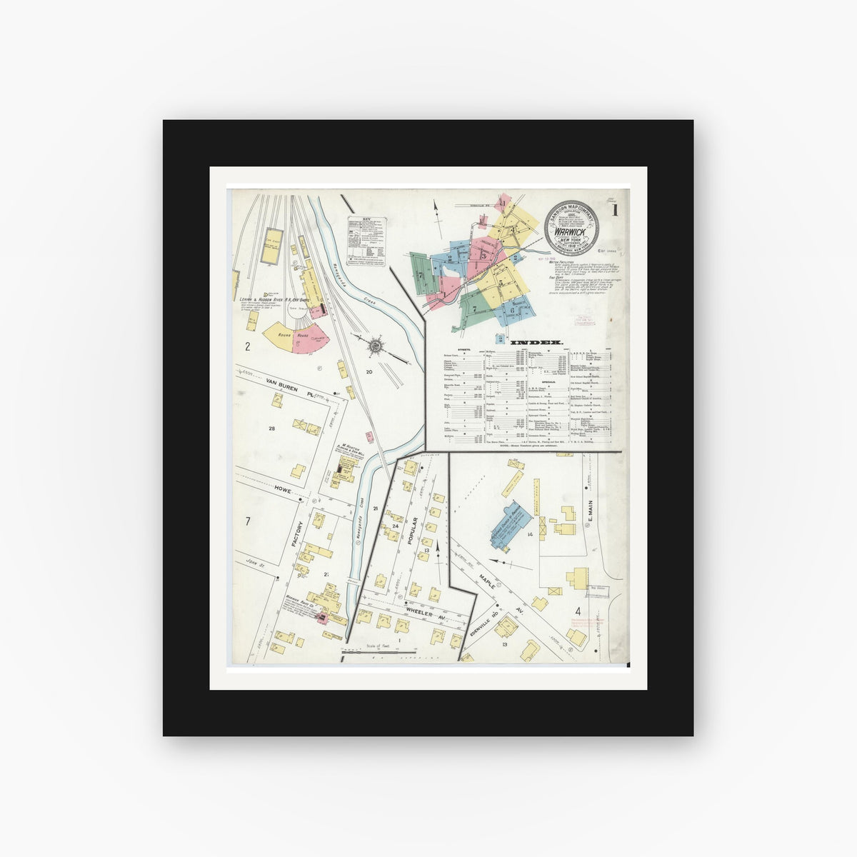 Old map wall art mockup — black gallery frame with white mat — Sanborn Fire Insurance Map from Warwick, Orange County, New York (1910) - Complete Map Set