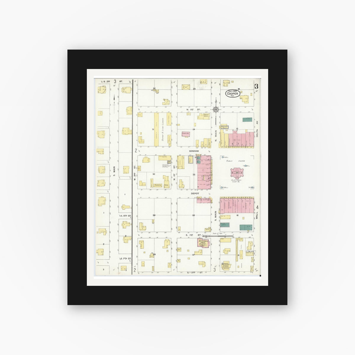 Old map wall art mockup — black gallery frame with white mat — Sanborn Fire Insurance Map from Cooper, Delta County, Texas (1909), Sheet #0003