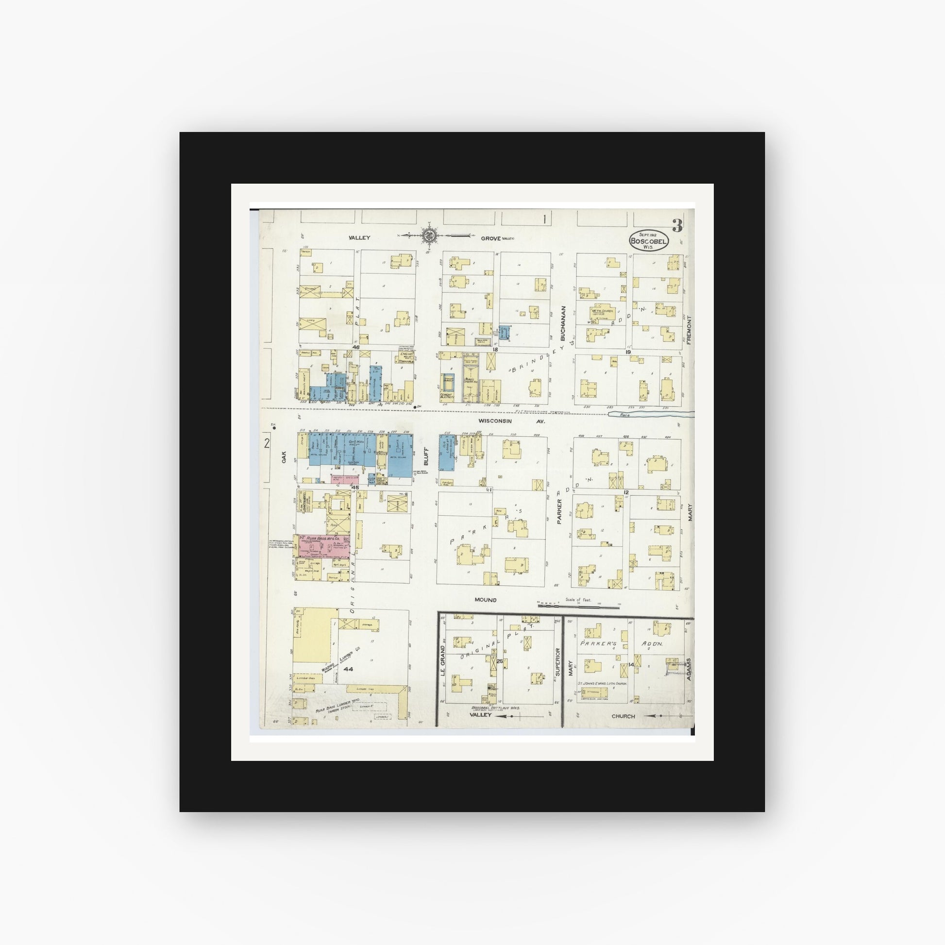 Old map wall art mockup — black gallery frame with white mat — Sanborn Fire Insurance Map from Boscobel, Grant County, Wisconsin (1912), Sheet #0003