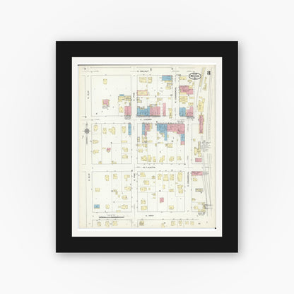 Old map wall art mockup — black gallery frame with white mat — Sanborn Fire Insurance Map from Nevada, Vernon County, Missouri (1914), Sheet #0008