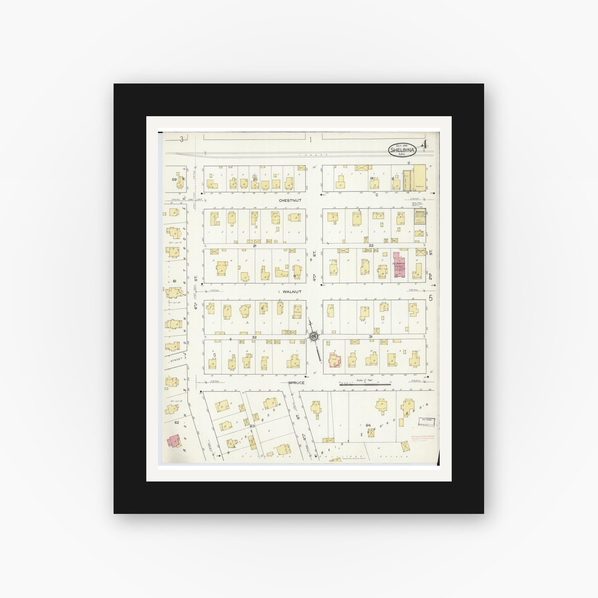 Old map wall art mockup — black gallery frame with white mat — Sanborn Fire Insurance Map from Shelbina, Shelby County, Missouri (1916), Sheet #0004