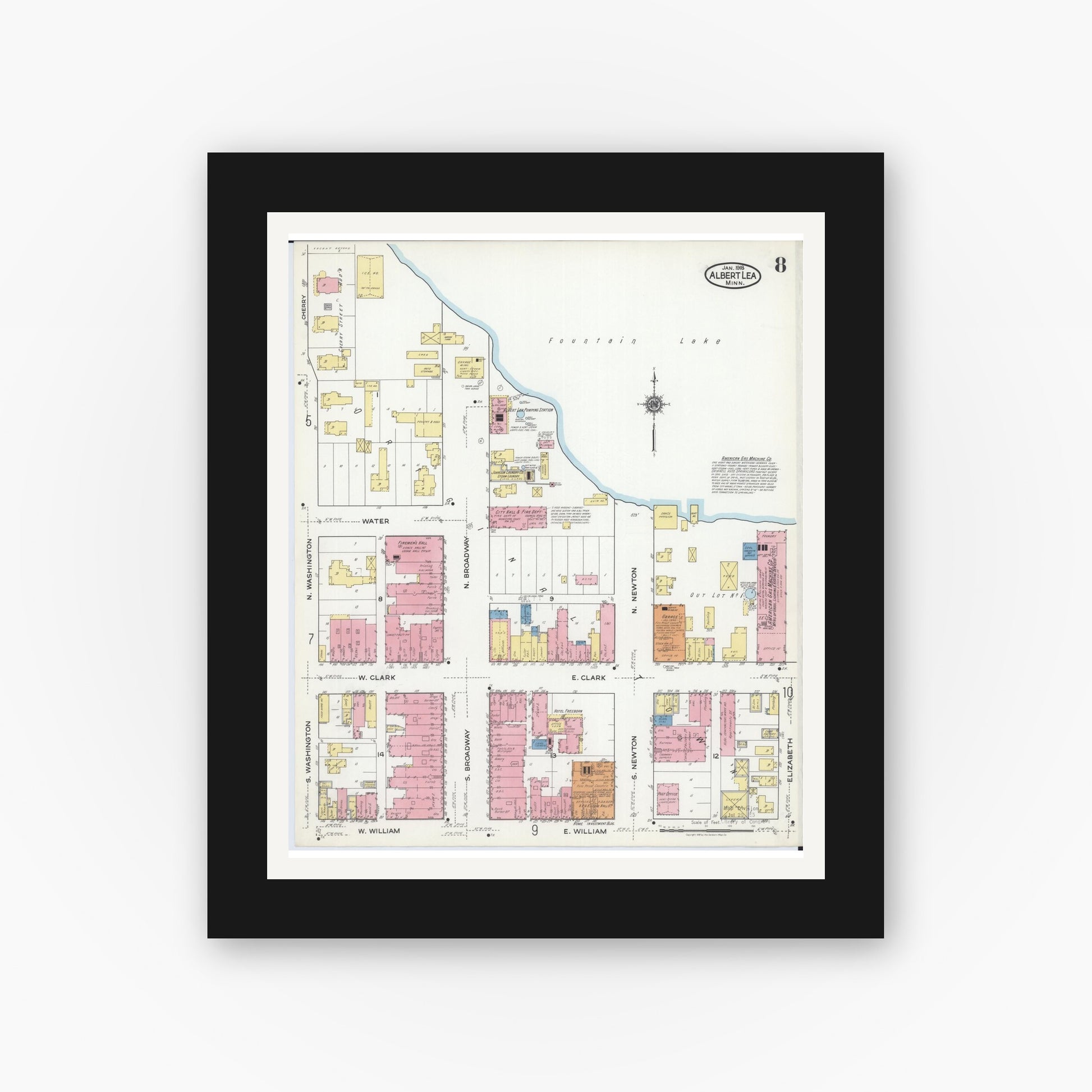Old map wall art mockup — black gallery frame with white mat — Sanborn Fire Insurance Map from Albert Lea, Freeborn County, Minnesota (1918), Sheet #0008