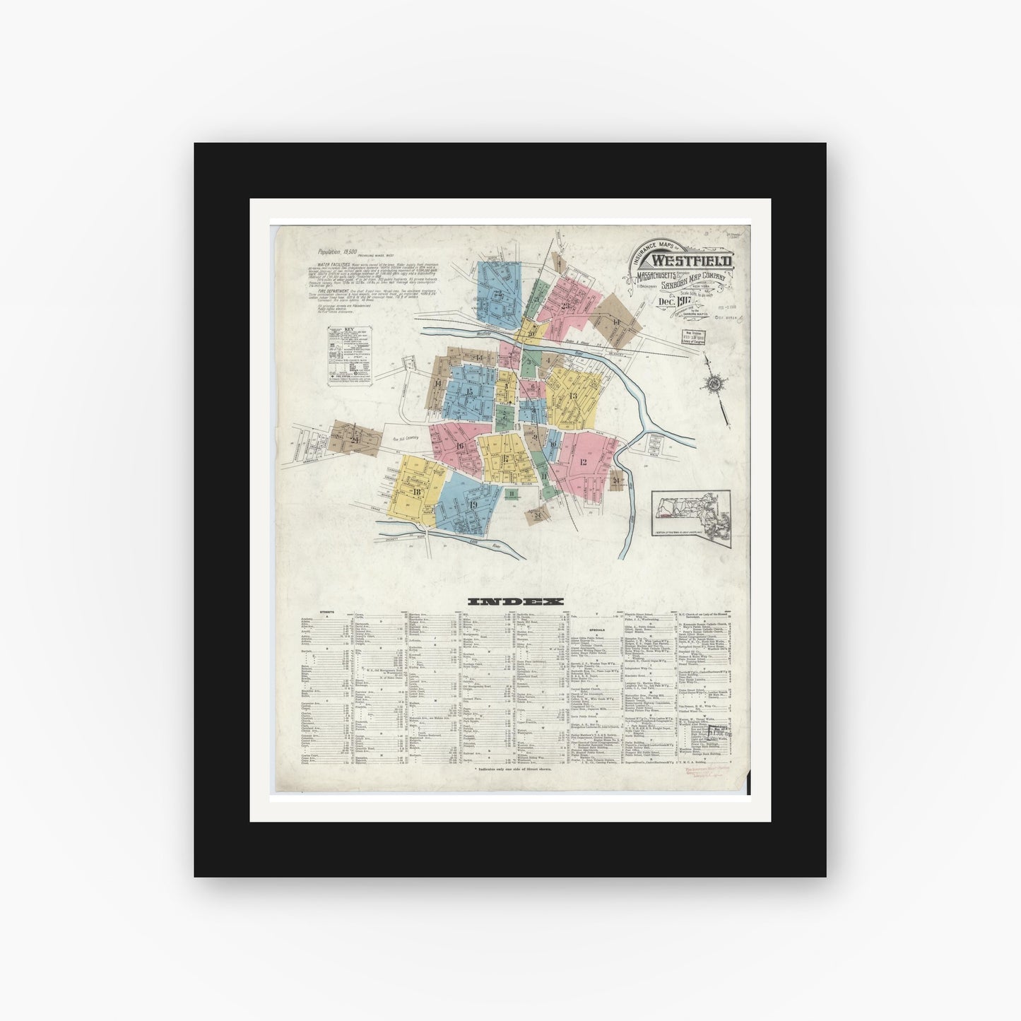 Old map wall art mockup — black gallery frame with white mat — Sanborn Fire Insurance Map from Westfield, Hampden County, Massachusetts (1917), Sheet #0001