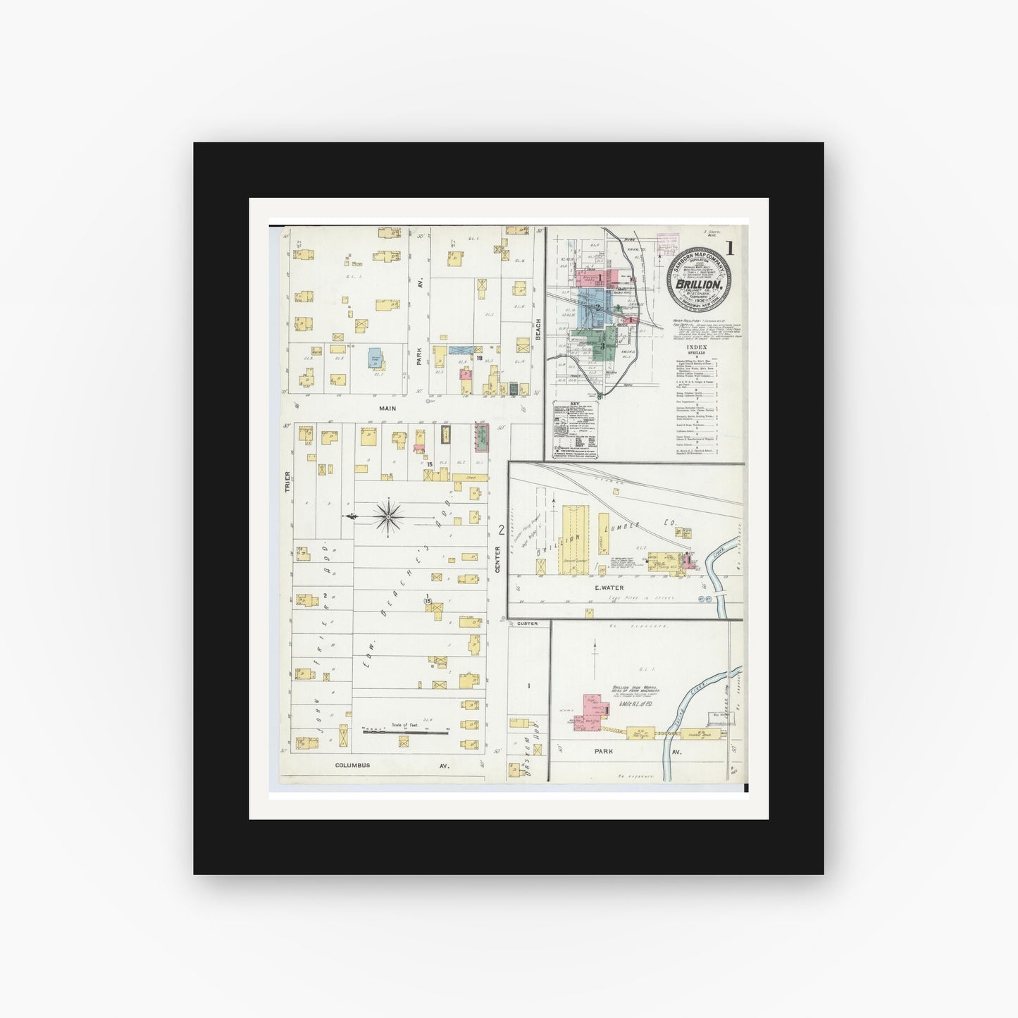 Old map wall art mockup — black gallery frame with white mat — Sanborn Fire Insurance Map from Brillion, Calumet County, Wisconsin (1906) - Complete Map Set