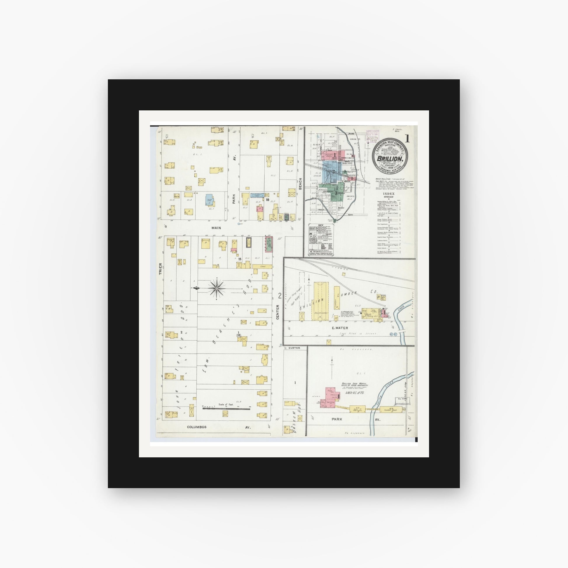 Old map wall art mockup — black gallery frame with white mat — Sanborn Fire Insurance Map from Brillion, Calumet County, Wisconsin (1906) - Complete Map Set