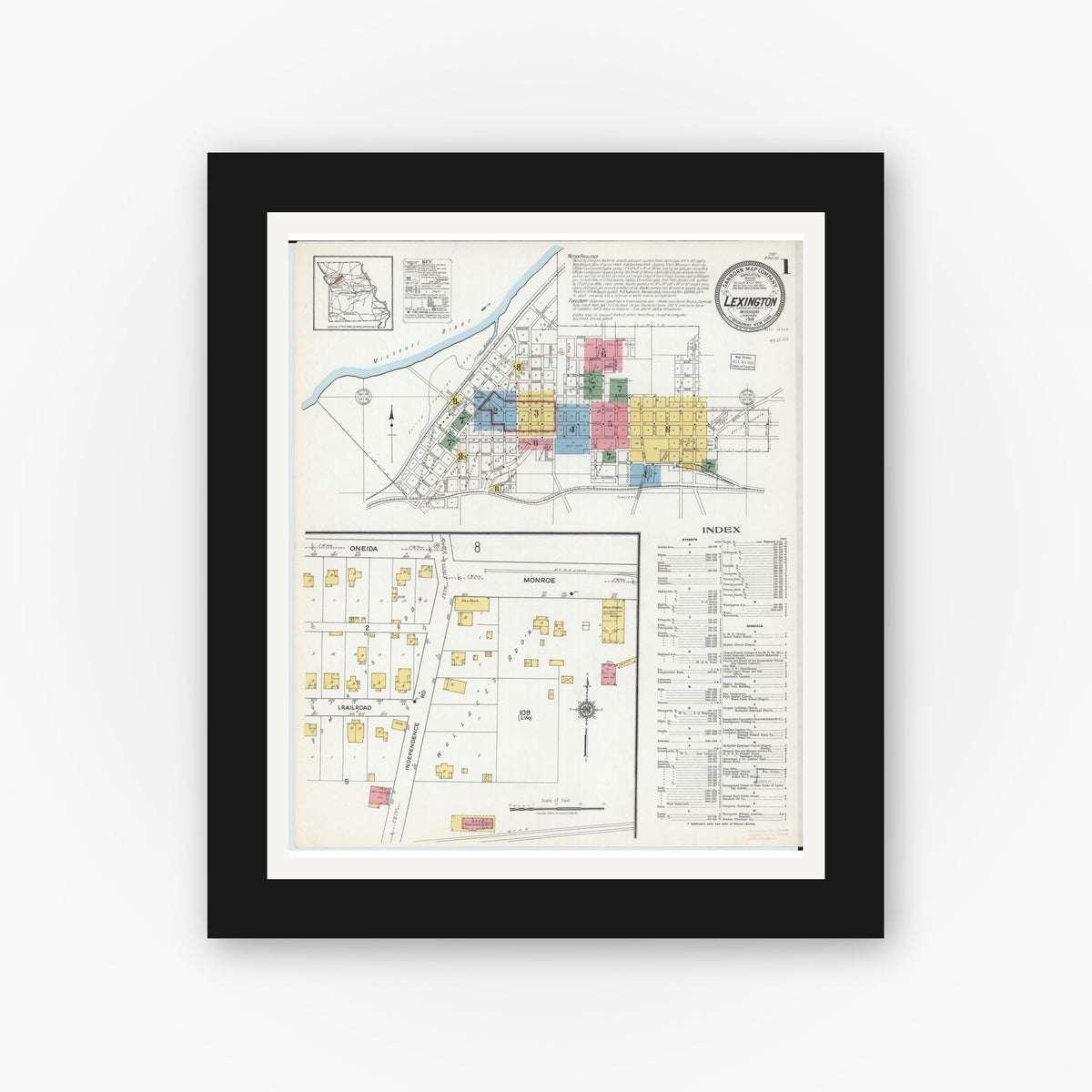 Old map wall art mockup — black gallery frame with white mat — Sanborn Fire Insurance Map from Lexington, Lafayette County, Missouri (1918), Sheet #0001