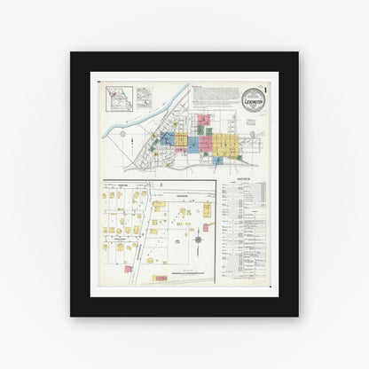 Old map wall art mockup — black gallery frame with white mat — Sanborn Fire Insurance Map from Lexington, Lafayette County, Missouri (1918), Sheet #0001