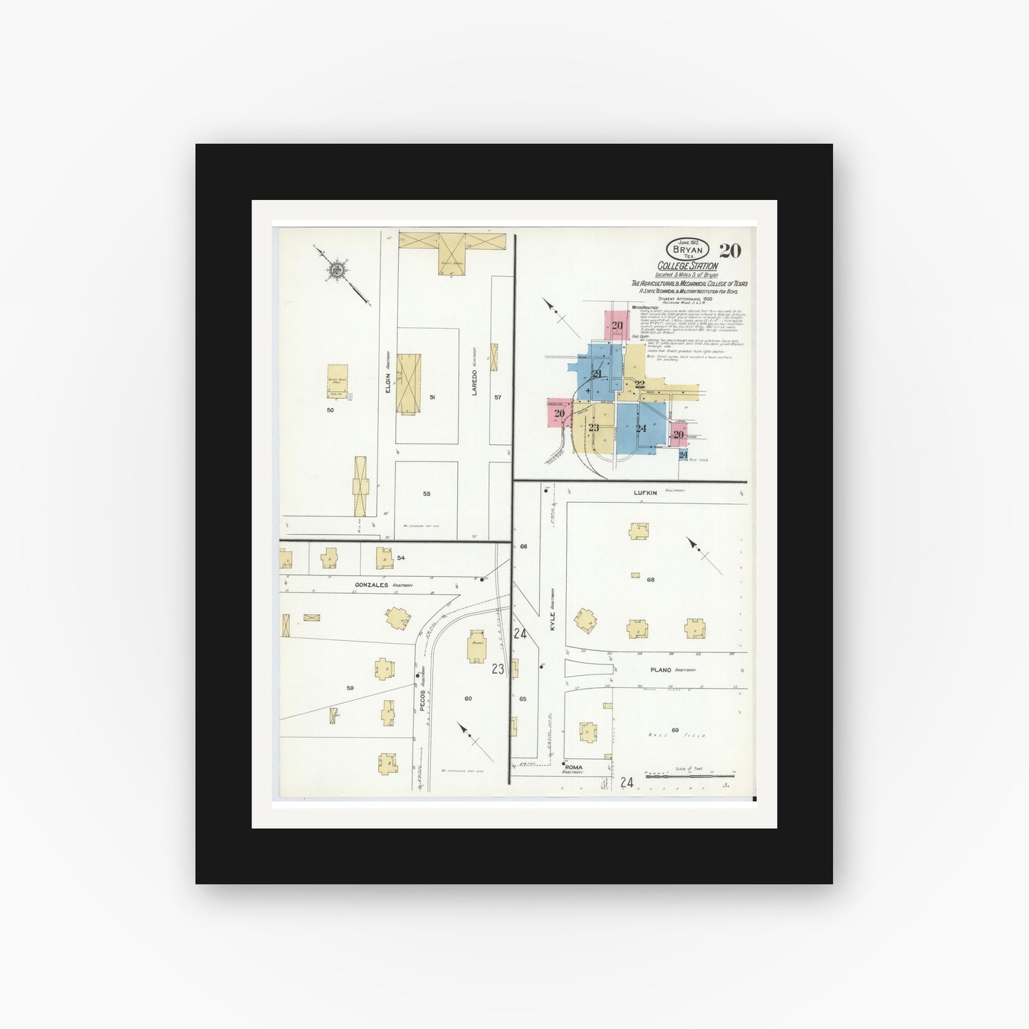 Old map wall art mockup — black gallery frame with white mat — Sanborn Fire Insurance Map from Bryan, Brazos County, Texas (1912), Sheet #0020