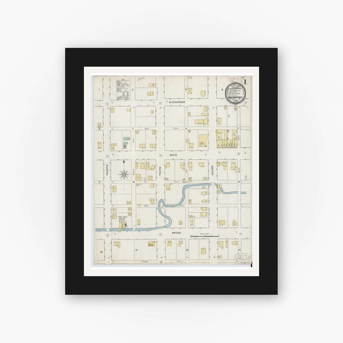 Old map wall art mockup — black gallery frame with white mat — Sanborn Fire Insurance Map from Brockway, Jefferson County, Pennsylvania (1894), Sheet #0001