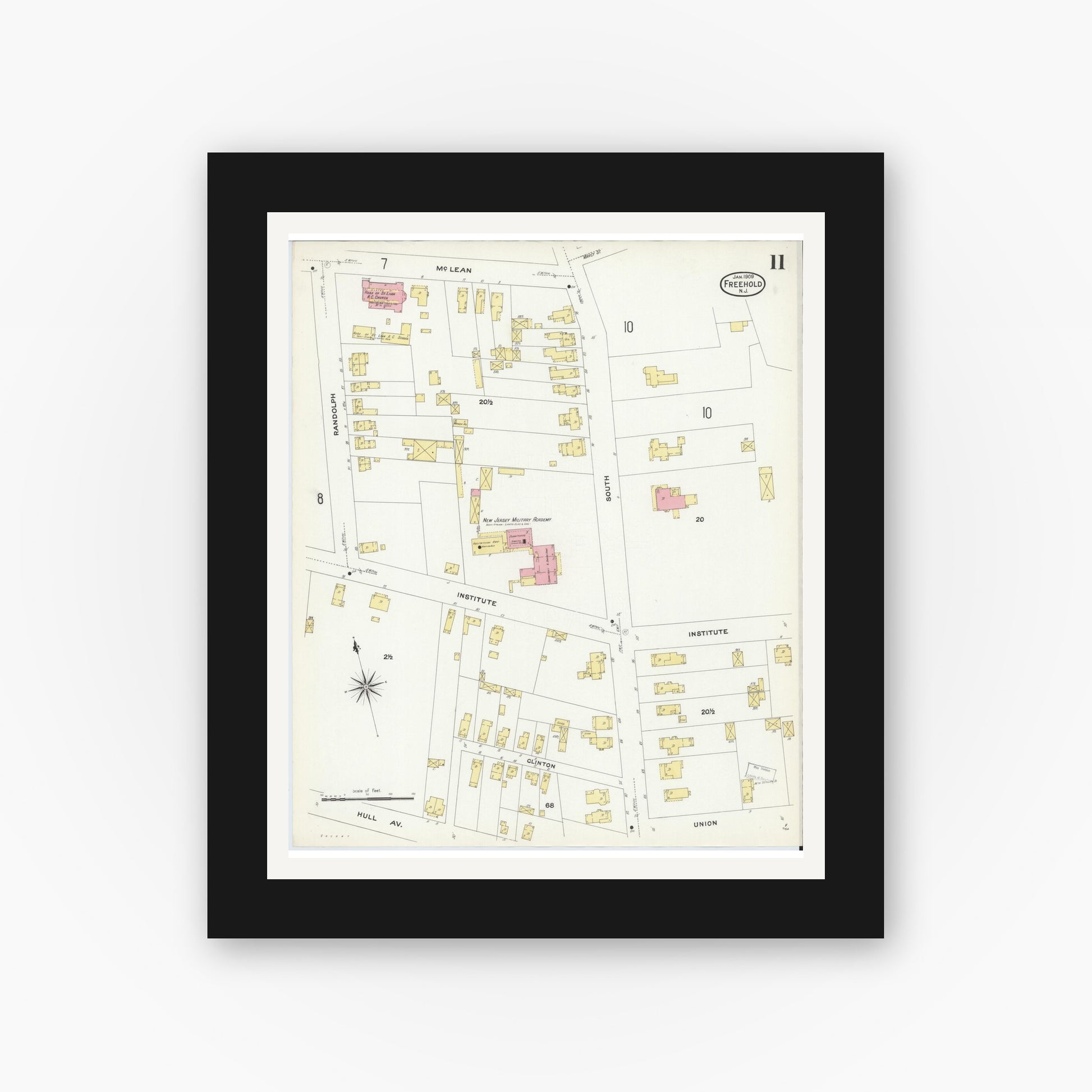Old map wall art mockup — black gallery frame with white mat — Sanborn Fire Insurance Map from Freehold, Monmouth County, New Jersey (1909), Sheet #0011