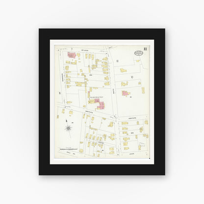 Old map wall art mockup — black gallery frame with white mat — Sanborn Fire Insurance Map from Freehold, Monmouth County, New Jersey (1909), Sheet #0011