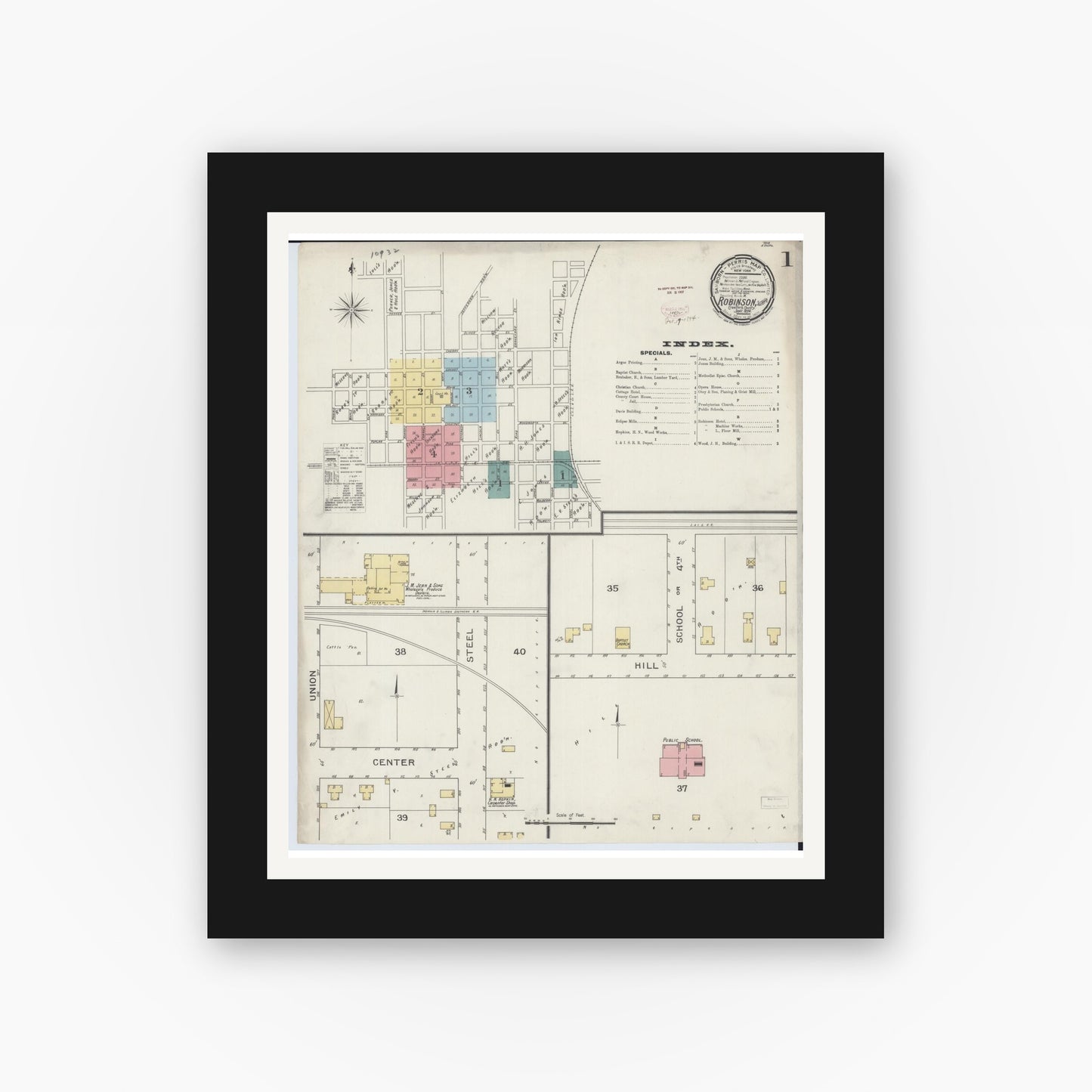 Old map wall art mockup — black gallery frame with white mat — Sanborn Fire Insurance Map from Robinson, Crawford County, Illinois (1894), Sheet #0001