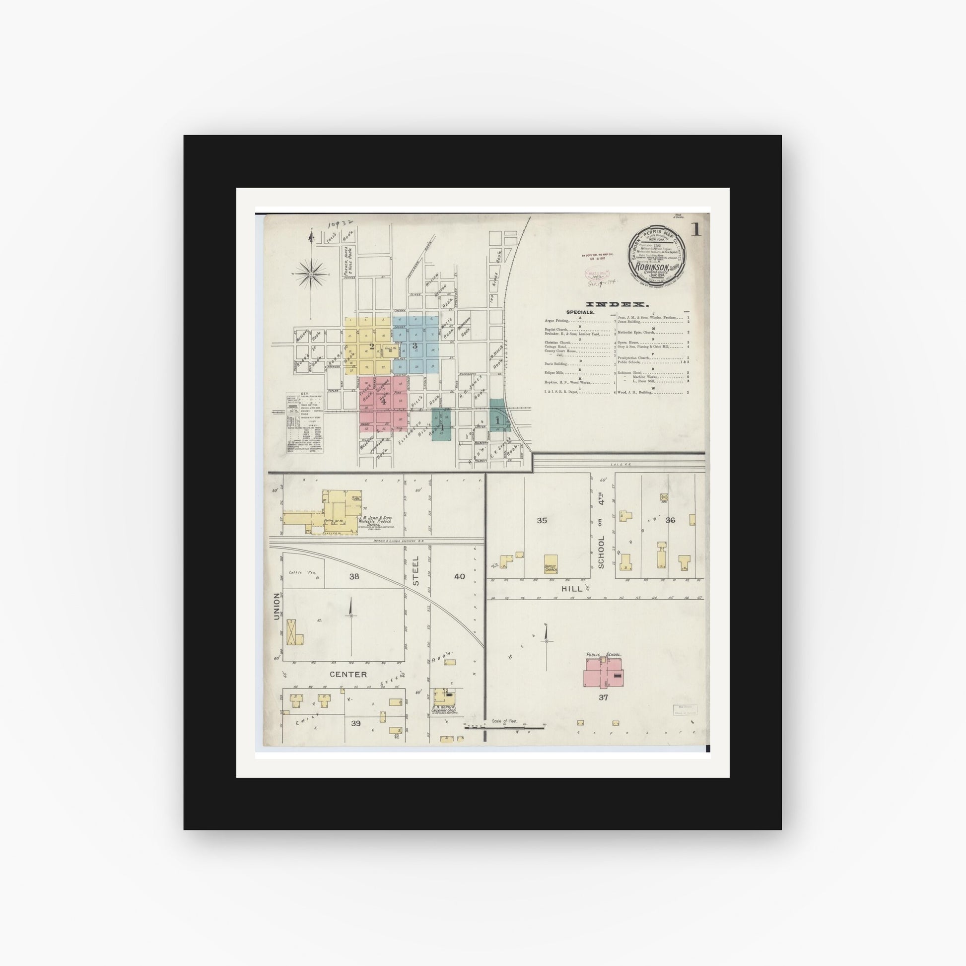 Old map wall art mockup — black gallery frame with white mat — Sanborn Fire Insurance Map from Robinson, Crawford County, Illinois (1894), Sheet #0001