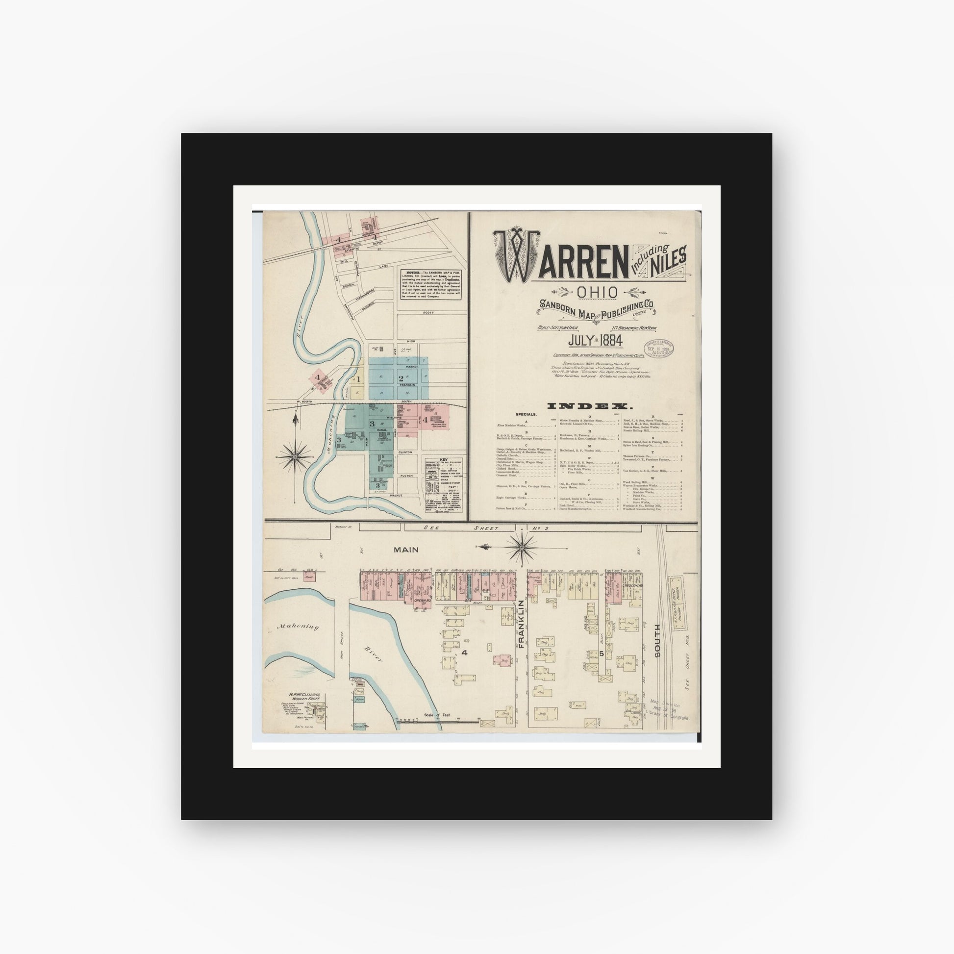 Old map wall art mockup — black gallery frame with white mat — Sanborn Fire Insurance Map from Warren, Trumbull County, Ohio (1884) - Complete Map Set