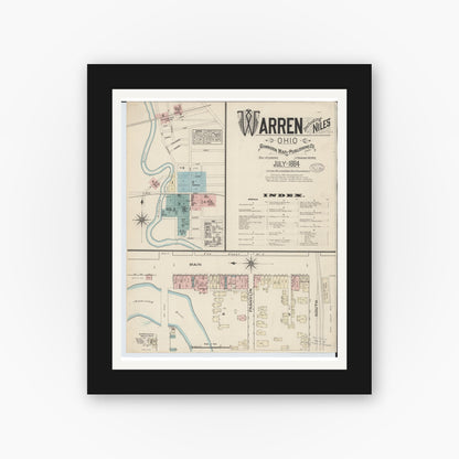 Old map wall art mockup — black gallery frame with white mat — Sanborn Fire Insurance Map from Warren, Trumbull County, Ohio (1884) - Complete Map Set