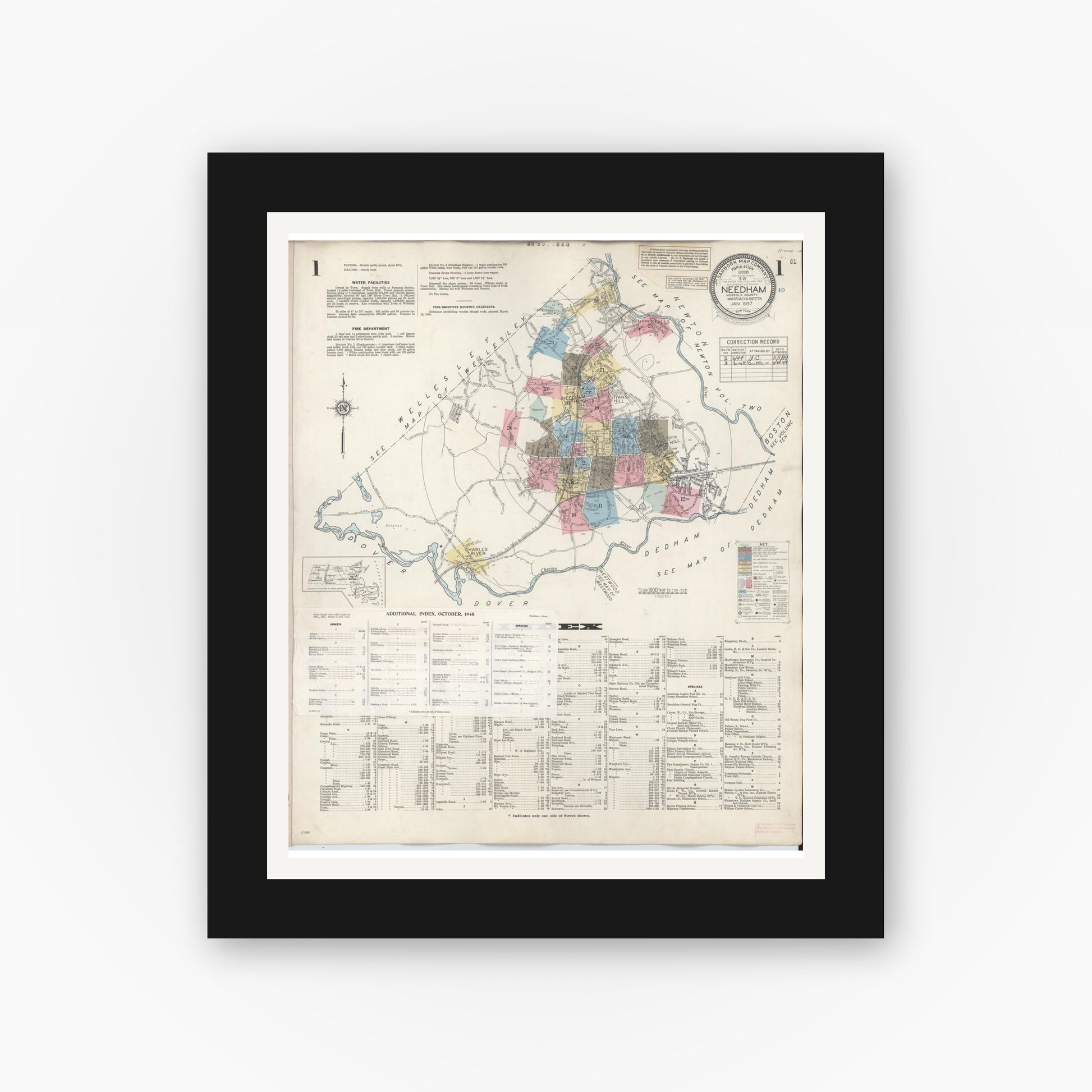 Old map wall art mockup — black gallery frame with white mat — Sanborn Fire Insurance Map from Needham, Norfolk County, Massachusetts (1948), Sheet #0001