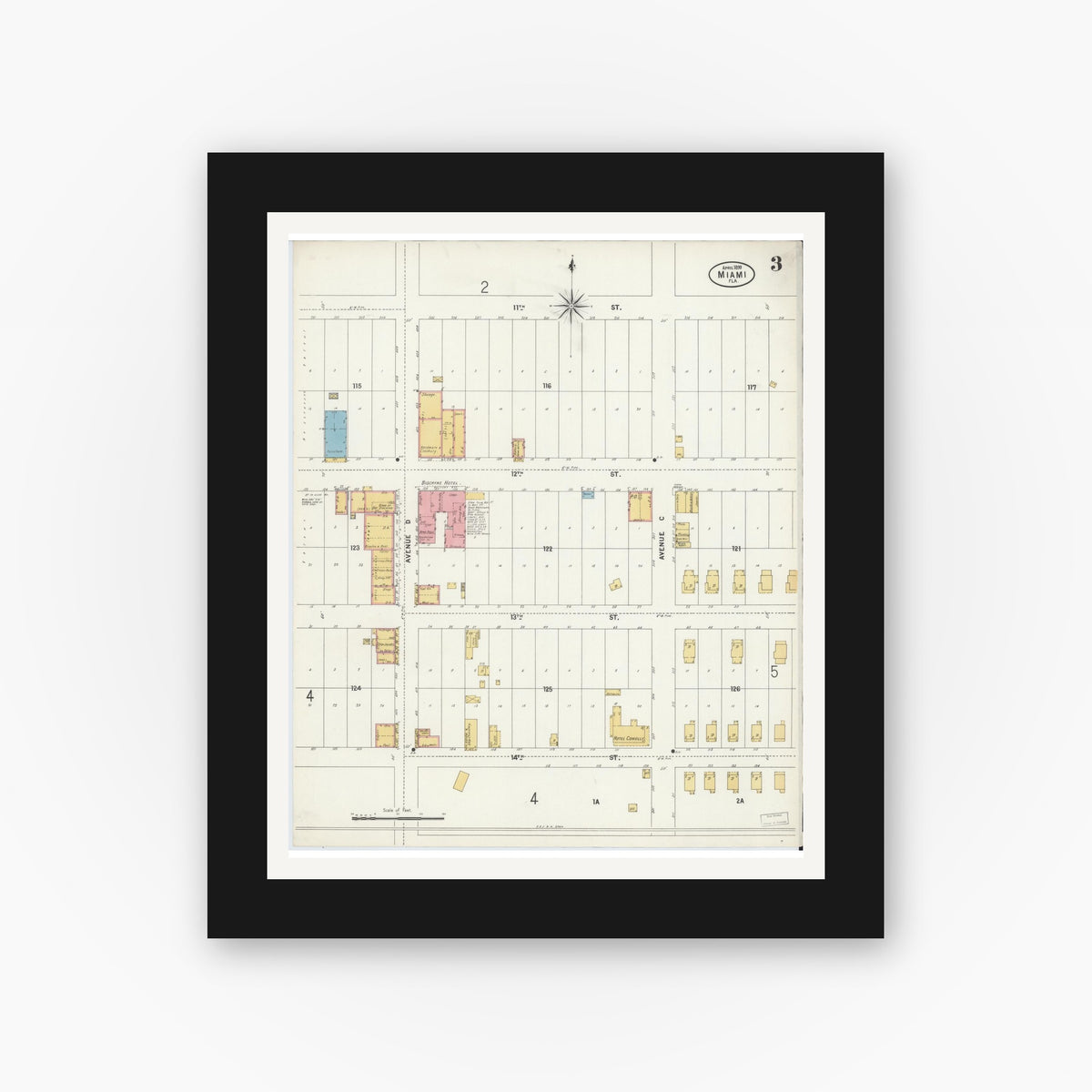 Old map wall art mockup — black gallery frame with white mat — Sanborn Fire Insurance Map from Miami, Dade County, Florida (1899), Sheet #0003