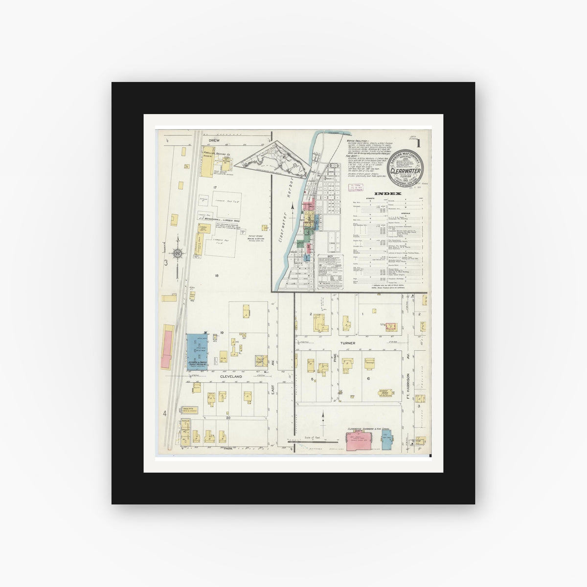 Old map wall art mockup — black gallery frame with white mat — Sanborn Fire Insurance Map from Clearwater, Pinellas County, Florida (1913), Sheet #0001