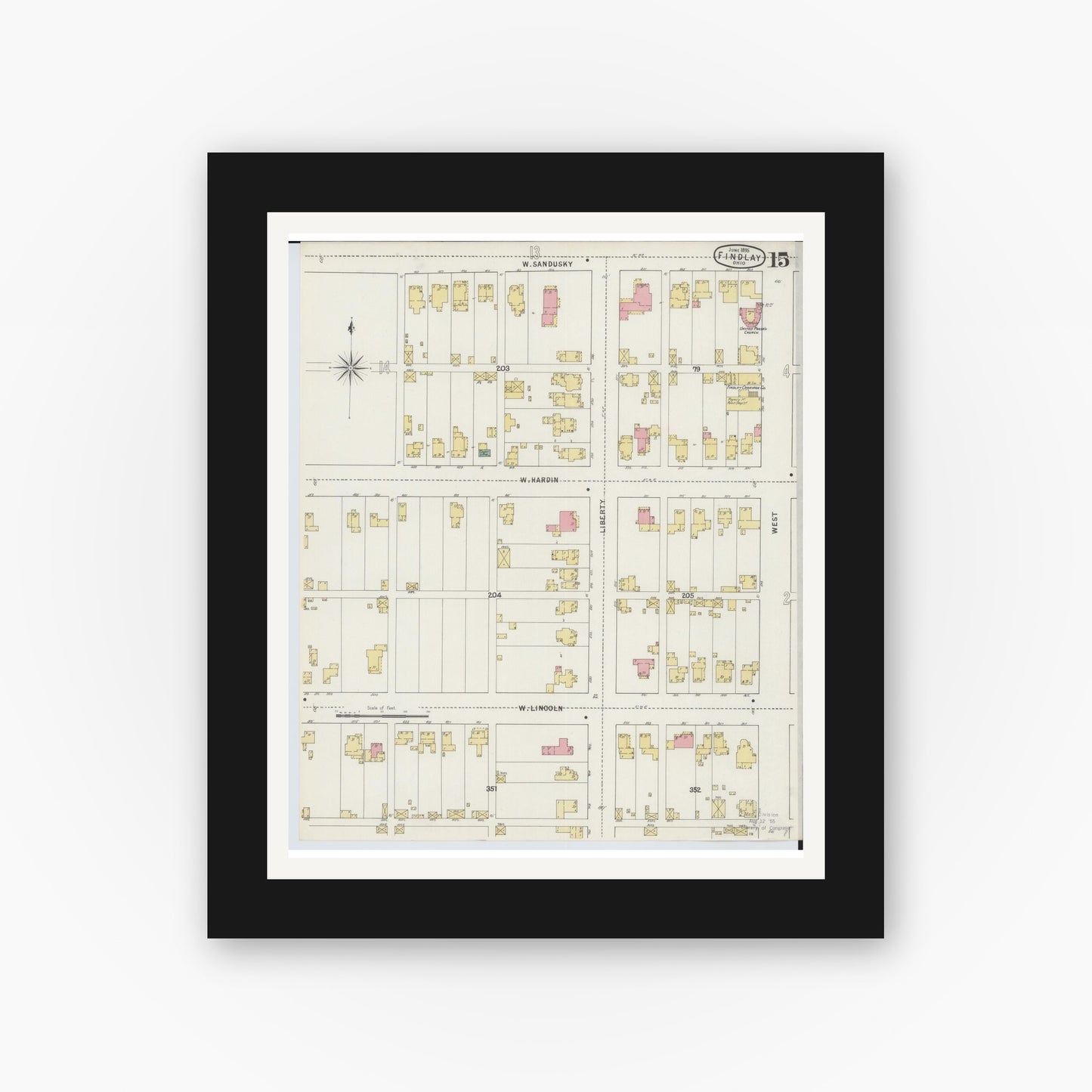 Old map wall art mockup — black gallery frame with white mat — Sanborn Fire Insurance Map from Findlay, Hancock County, Ohio (1895), Sheet #0015