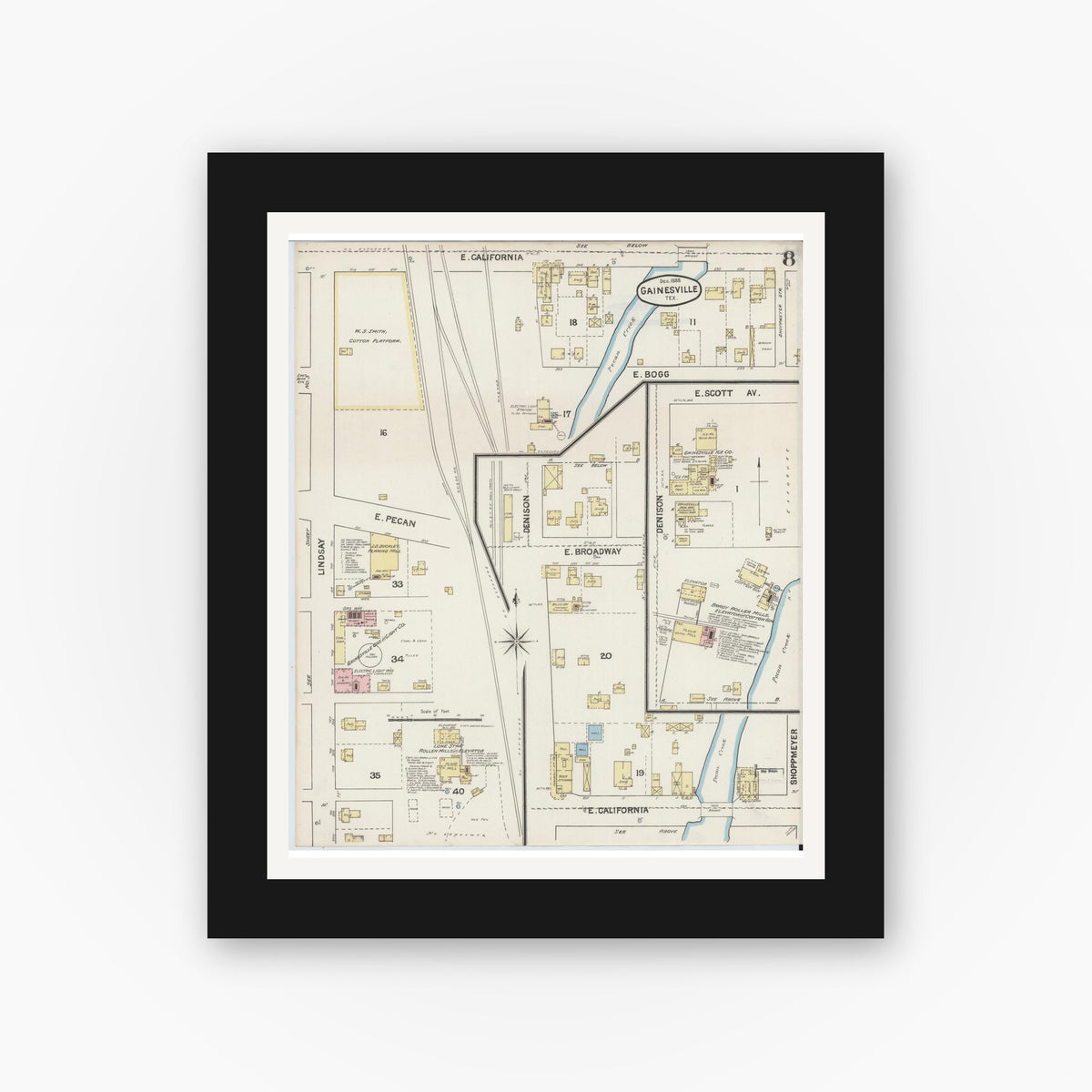 Old map wall art mockup — black gallery frame with white mat — Sanborn Fire Insurance Map from Gainesville, Cooke County, Texas (1888), Sheet #0008