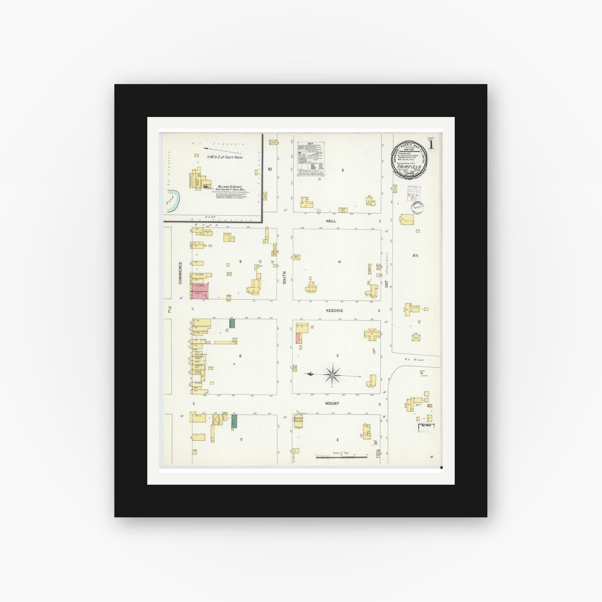 Old map wall art mockup — black gallery frame with white mat — Sanborn Fire Insurance Map from Fairfield, Freestone County, Texas (1901) - Complete Map Set