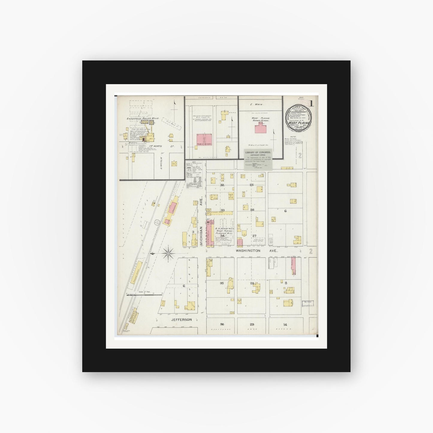 Old map wall art mockup — black gallery frame with white mat — Sanborn Fire Insurance Map from West Plains, Howell County, Missouri (1893) - Complete Map Set