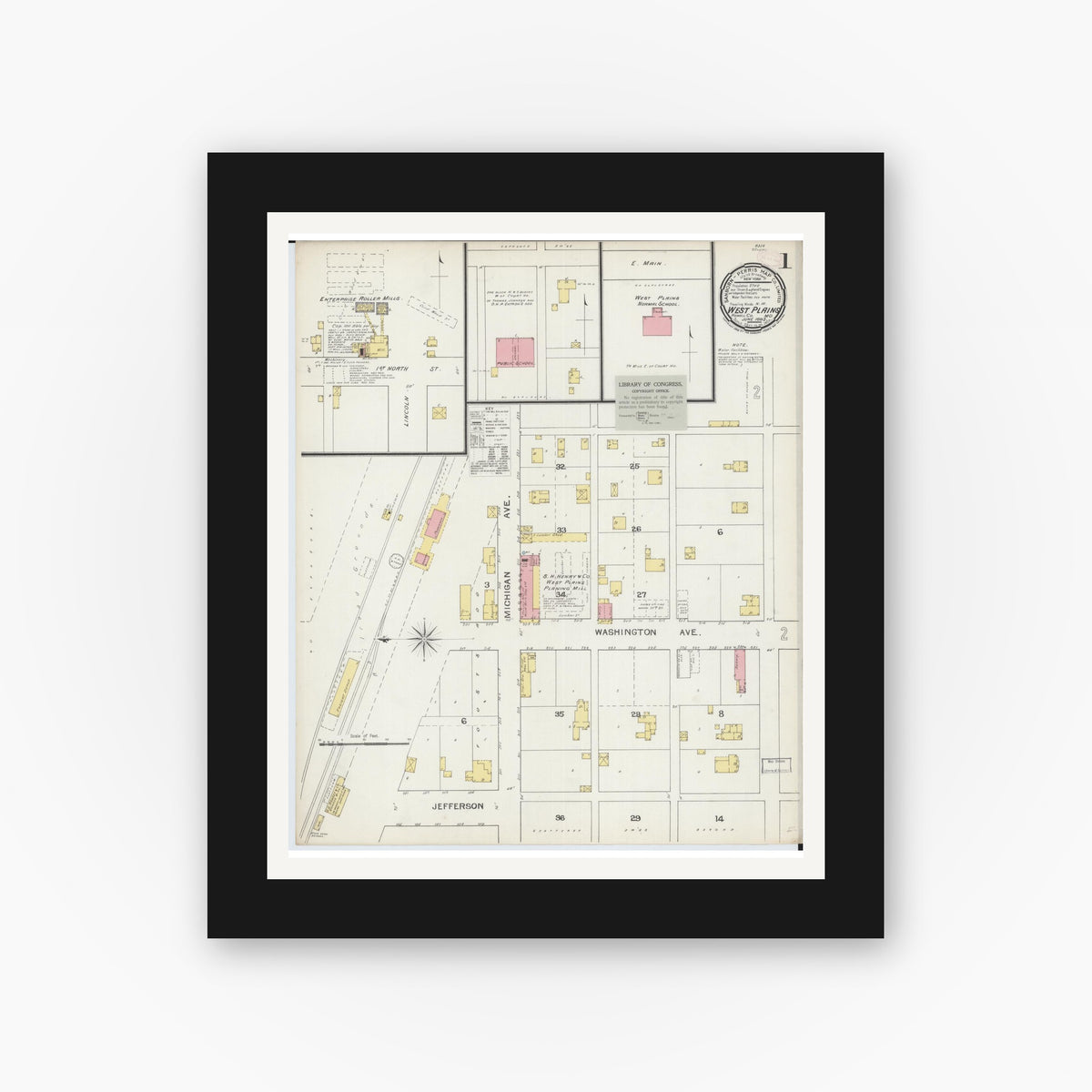 Old map wall art mockup — black gallery frame with white mat — Sanborn Fire Insurance Map from West Plains, Howell County, Missouri (1893) - Complete Map Set