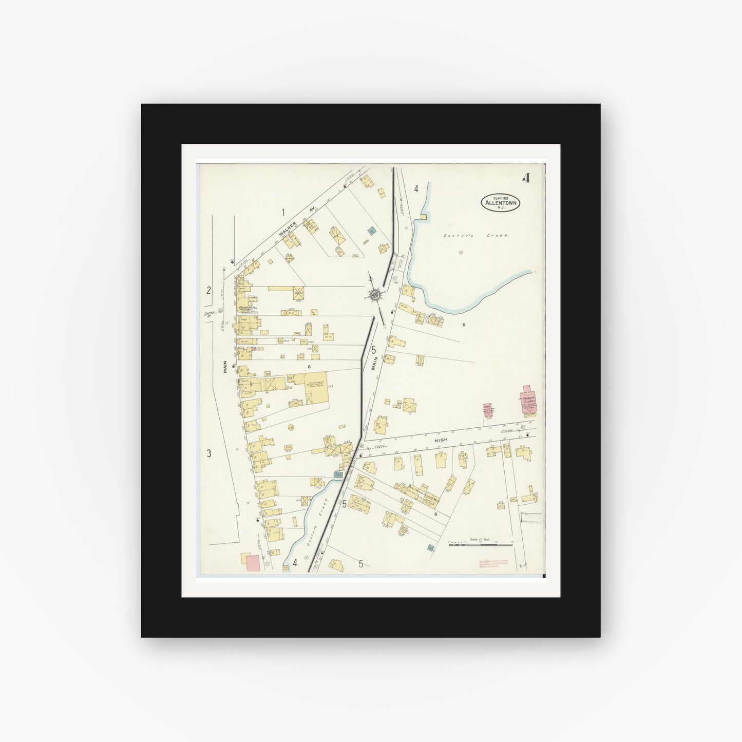 Old map wall art mockup — black gallery frame with white mat — Sanborn Fire Insurance Map from Allentown, Monmouth County, New Jersey (1910), Sheet #0004