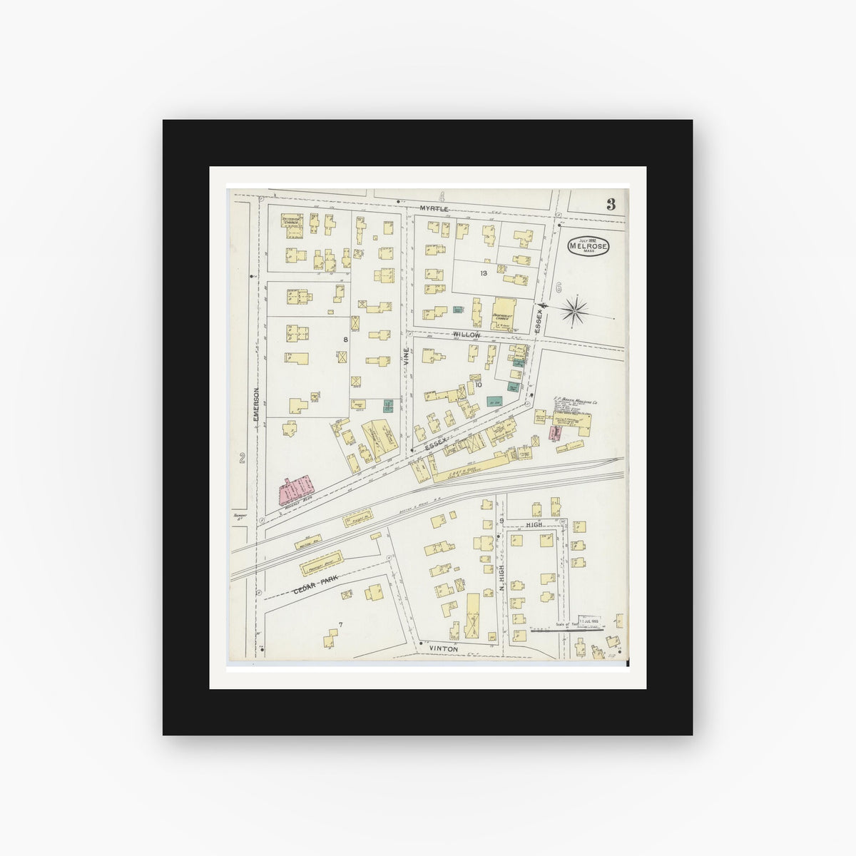 Old map wall art mockup — black gallery frame with white mat — Sanborn Fire Insurance Map from Melrose, Middlesex County, Massachusetts (1892), Sheet #0003