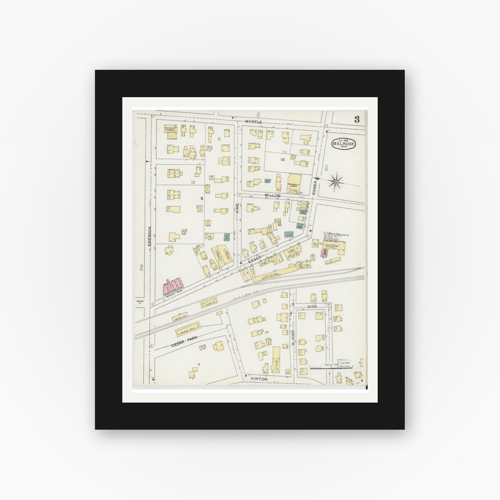 Old map wall art mockup — black gallery frame with white mat — Sanborn Fire Insurance Map from Melrose, Middlesex County, Massachusetts (1892), Sheet #0003