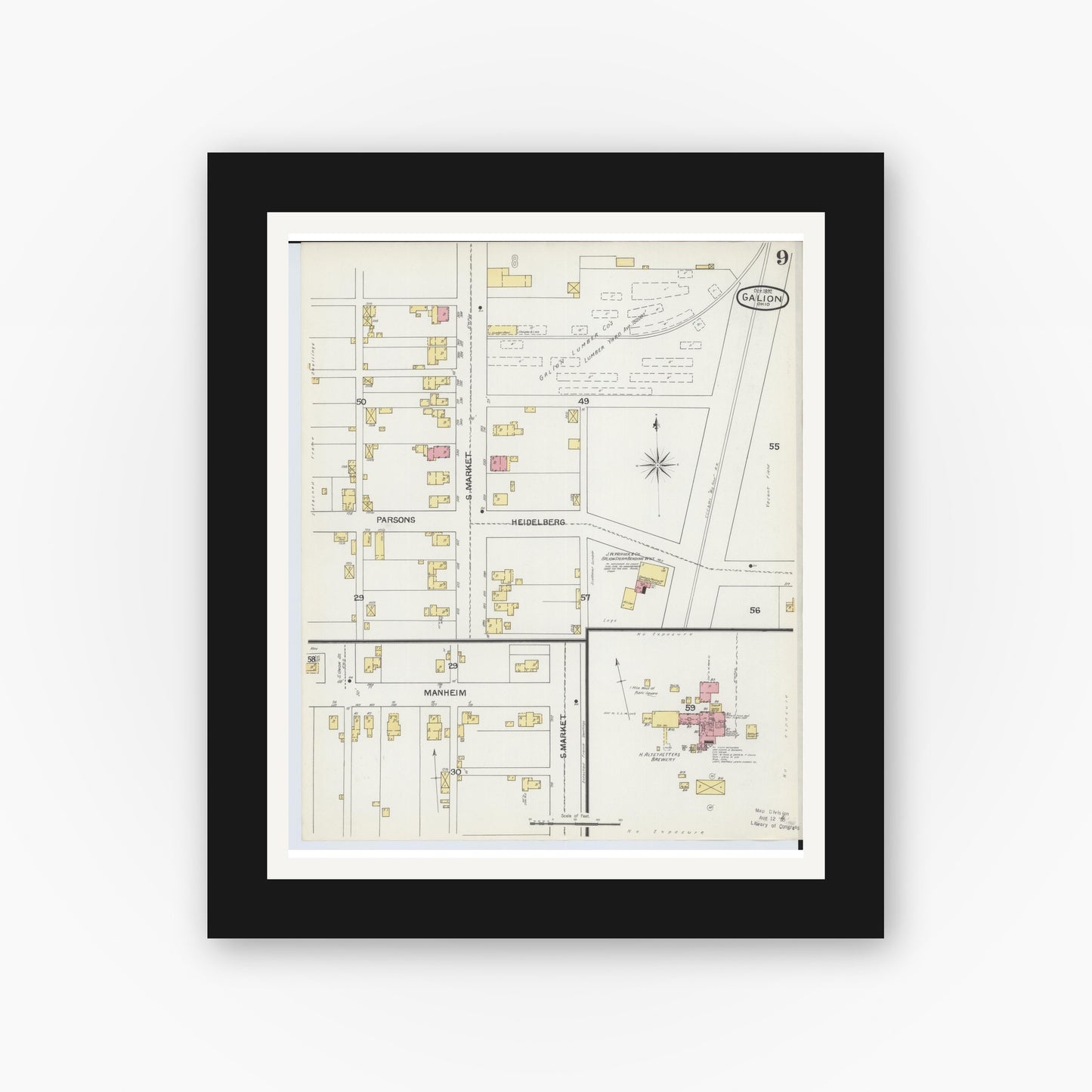 Old map wall art mockup — black gallery frame with white mat — Sanborn Fire Insurance Map from Galion, Crawford County, Ohio (1892), Sheet #0009
