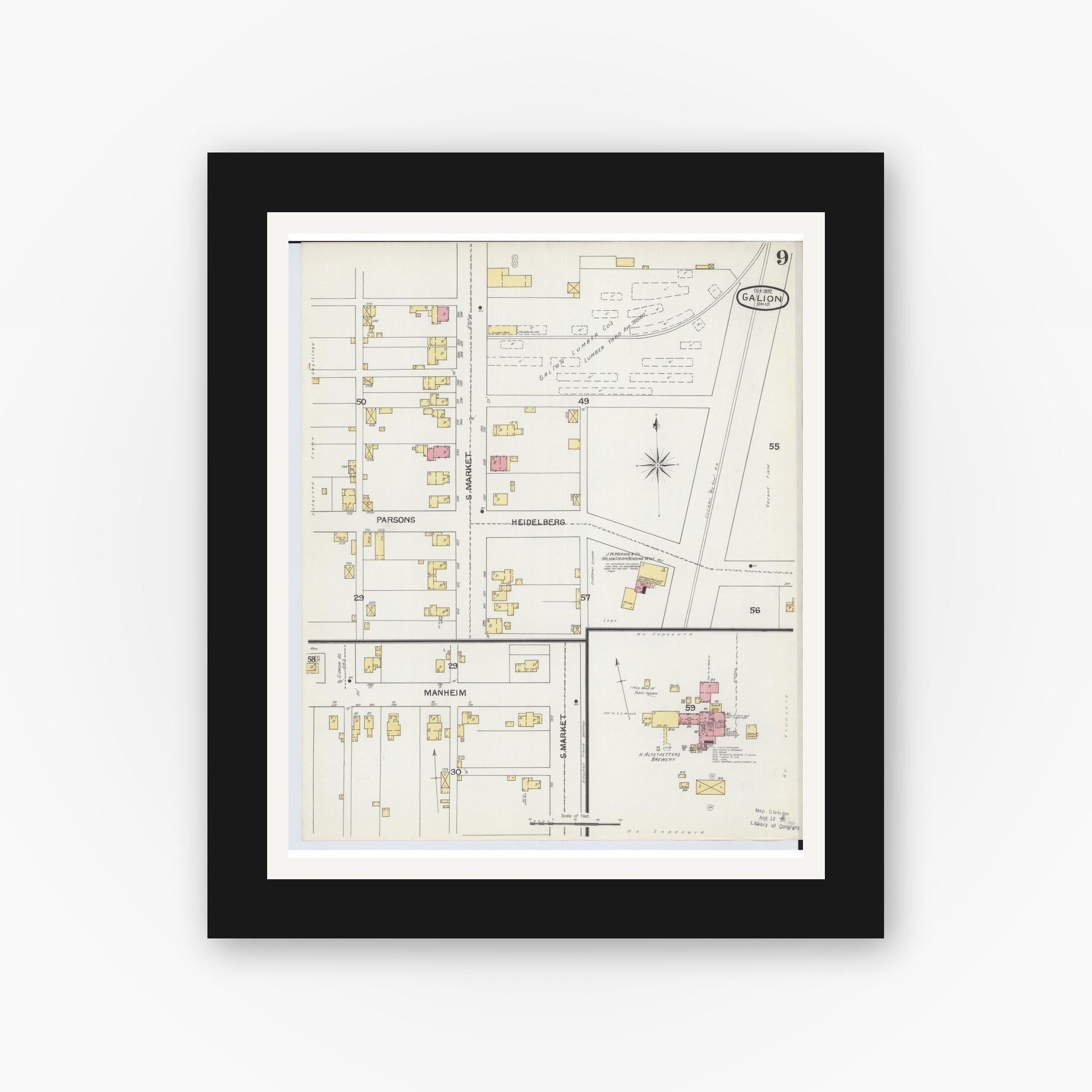 Old map wall art mockup — black gallery frame with white mat — Sanborn Fire Insurance Map from Galion, Crawford County, Ohio (1892), Sheet #0009