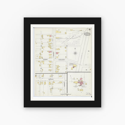 Old map wall art mockup — black gallery frame with white mat — Sanborn Fire Insurance Map from Galion, Crawford County, Ohio (1892), Sheet #0009