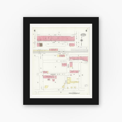 Old map wall art mockup — black gallery frame with white mat — Sanborn Fire Insurance Map from Hickory, Catawba County, North Carolina (1925), Sheet #0006