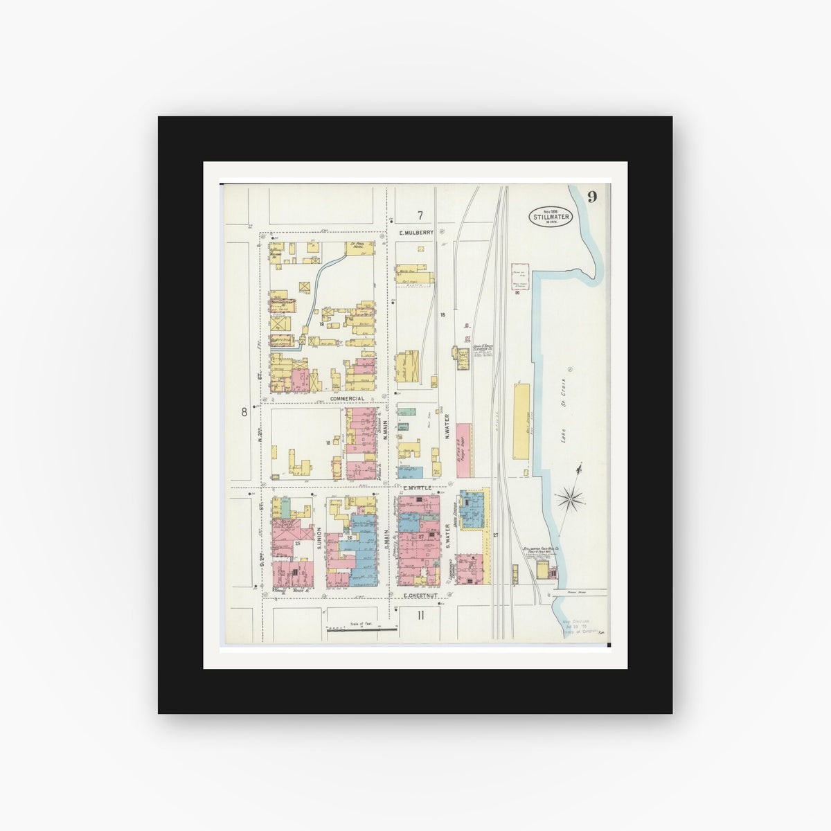 Old map wall art mockup — black gallery frame with white mat — Sanborn Fire Insurance Map from Stillwater, Washington County, Minnesota (1898), Sheet #0009