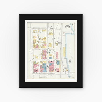 Old map wall art mockup — black gallery frame with white mat — Sanborn Fire Insurance Map from Stillwater, Washington County, Minnesota (1898), Sheet #0009