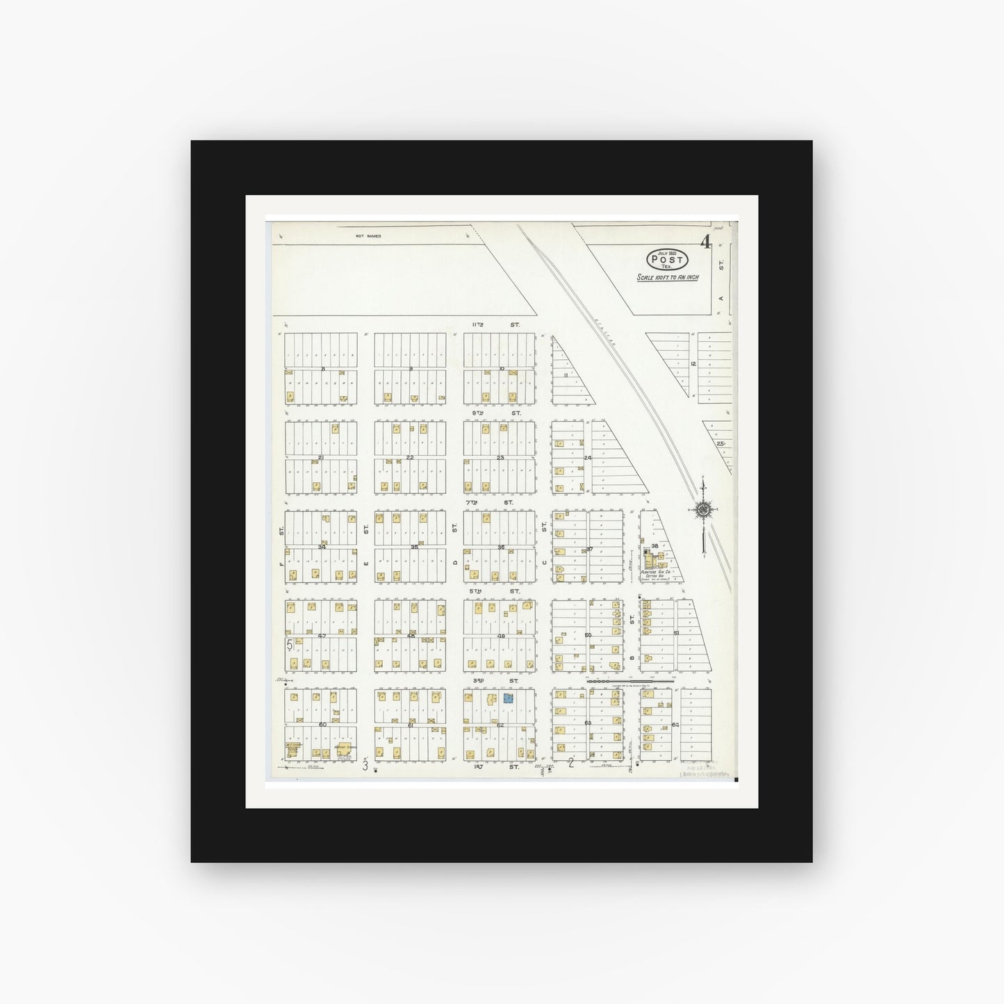 Old map wall art mockup — black gallery frame with white mat — Sanborn Fire Insurance Map from Post, Garza County, Texas (1921), Sheet #0004