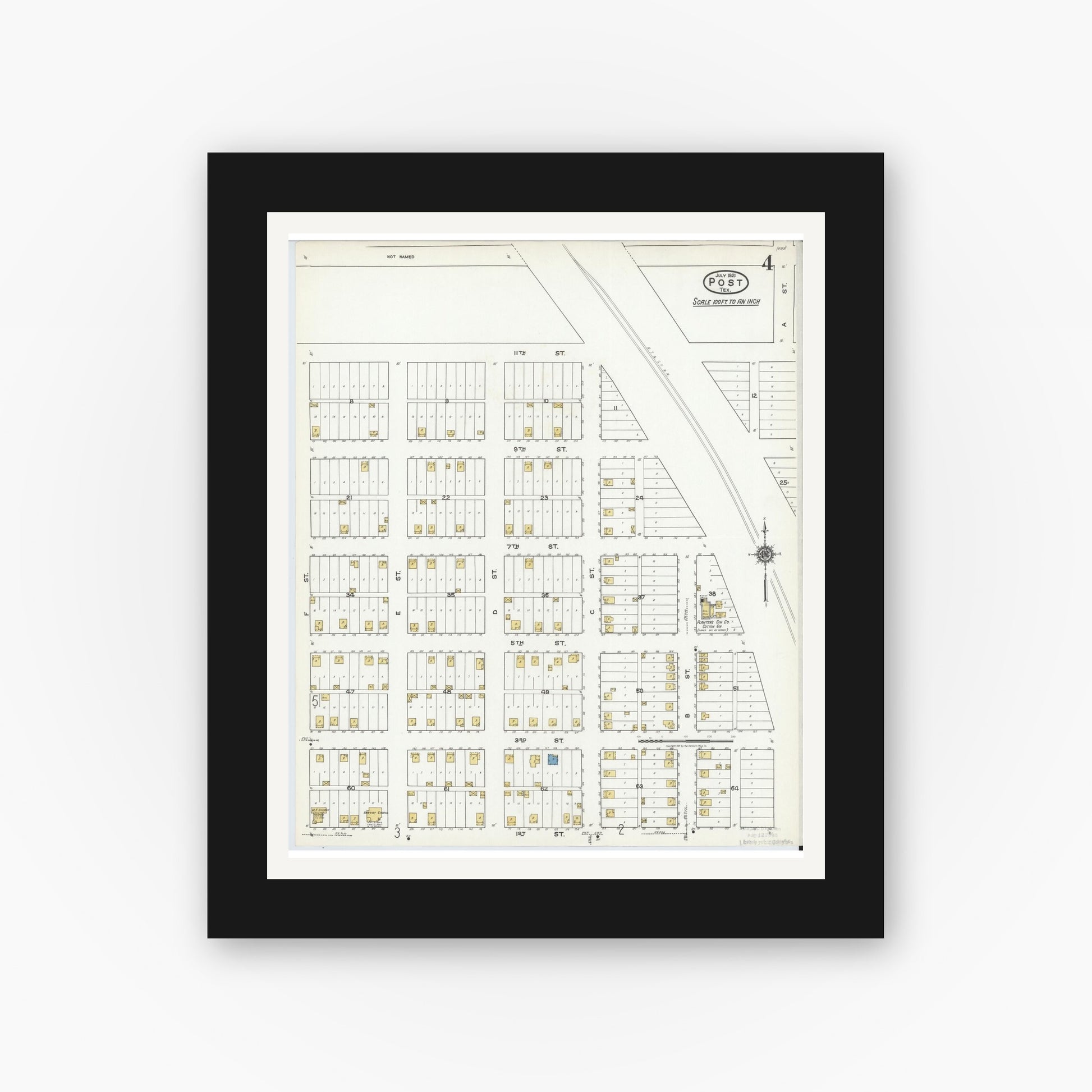 Old map wall art mockup — black gallery frame with white mat — Sanborn Fire Insurance Map from Post, Garza County, Texas (1921), Sheet #0004