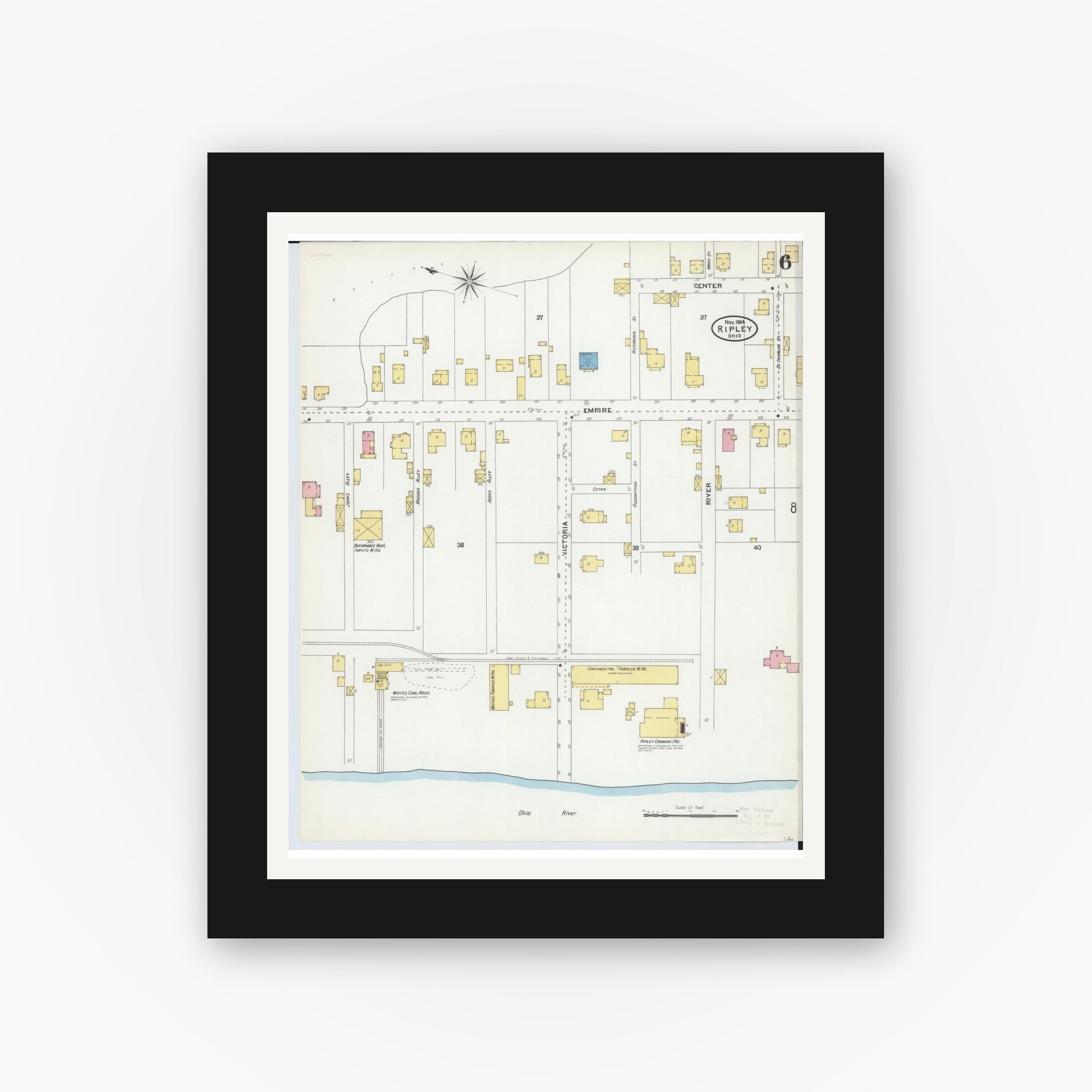 Old map wall art mockup — black gallery frame with white mat — Sanborn Fire Insurance Map from Ripley, Brown County, Ohio (1904), Sheet #0006